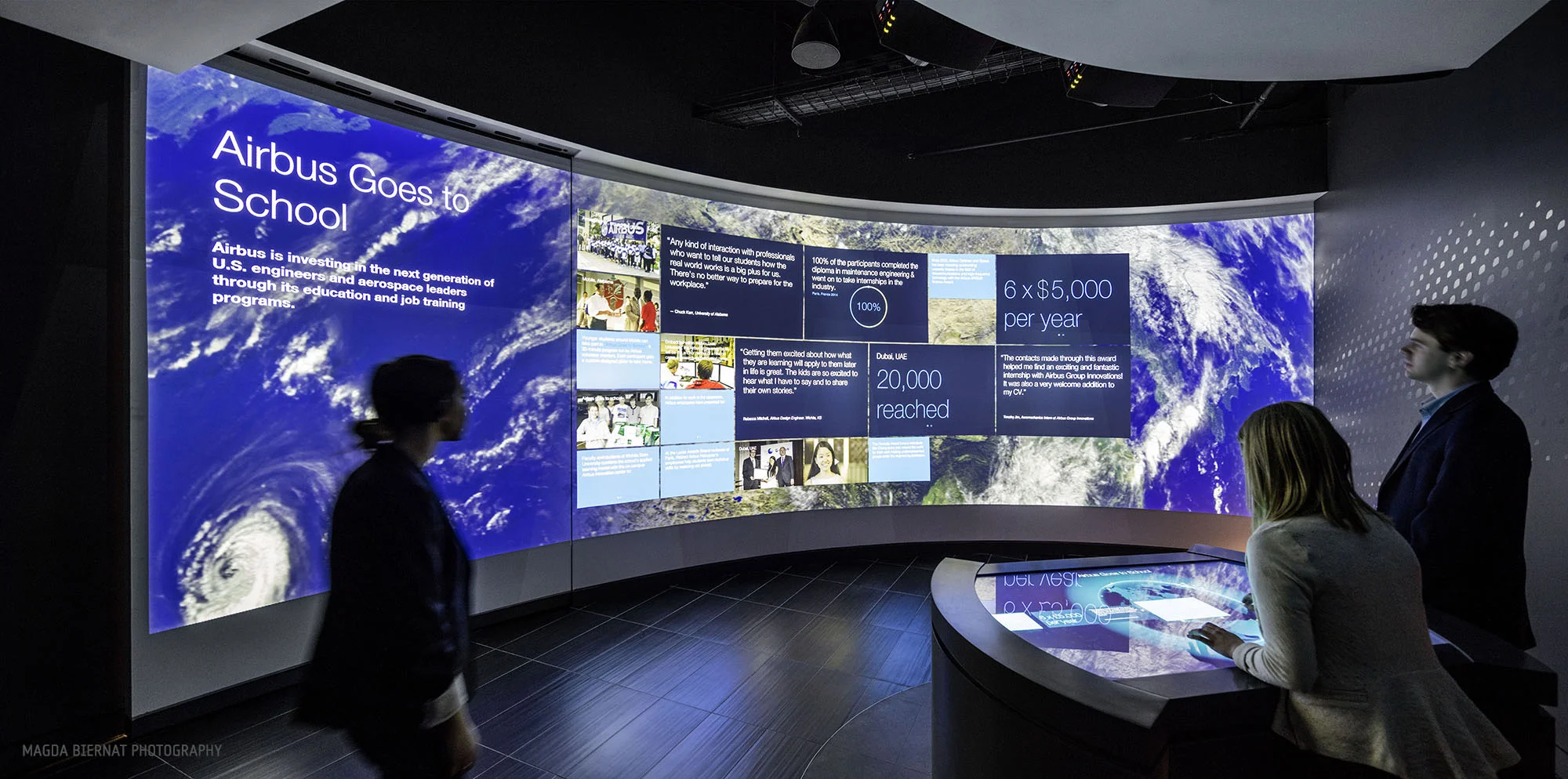 Upon selection, a mosaic of frames project onto the adjacent wall using data visualization techniques. The interactive content is easily customized and updated to appeal to the range of audiences.