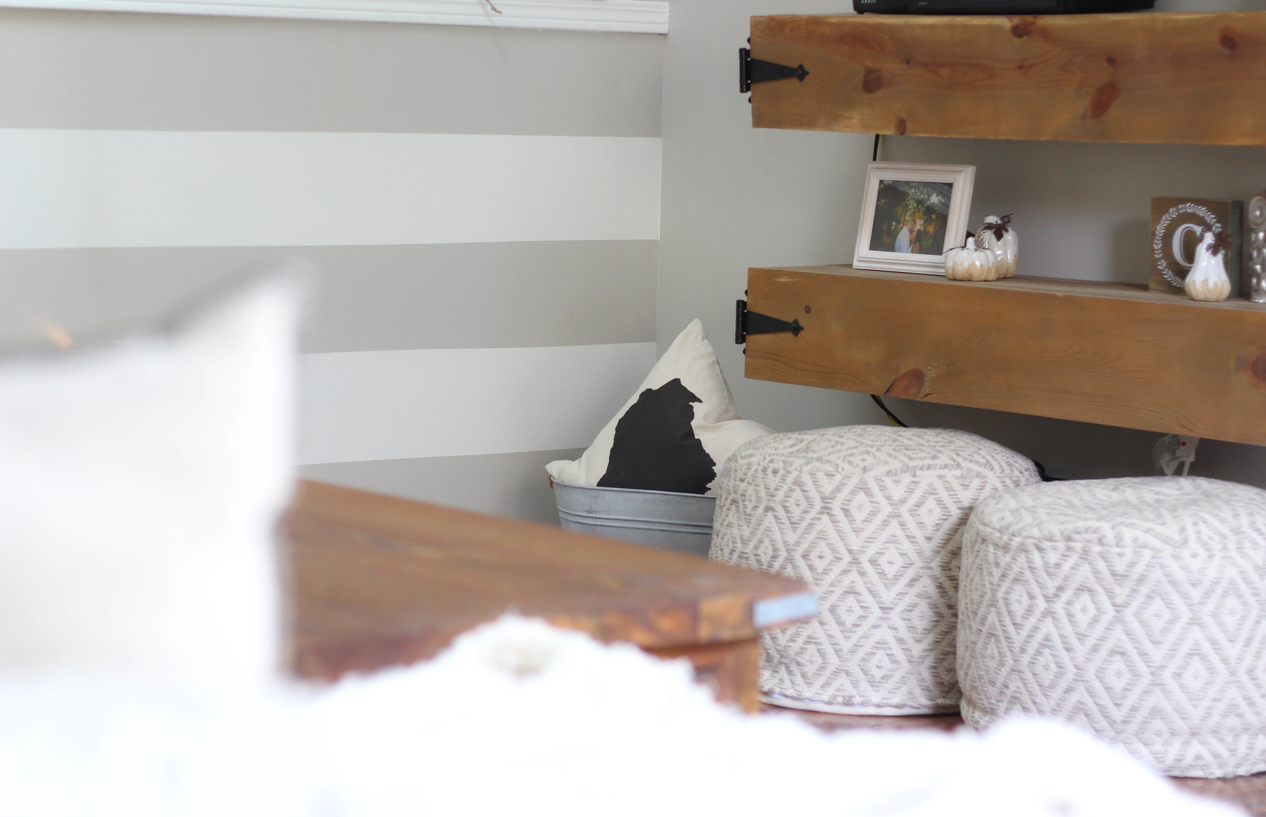 Dark Stripes & Wall behind shelving: Revere Pewter By Benjamin Moore. 