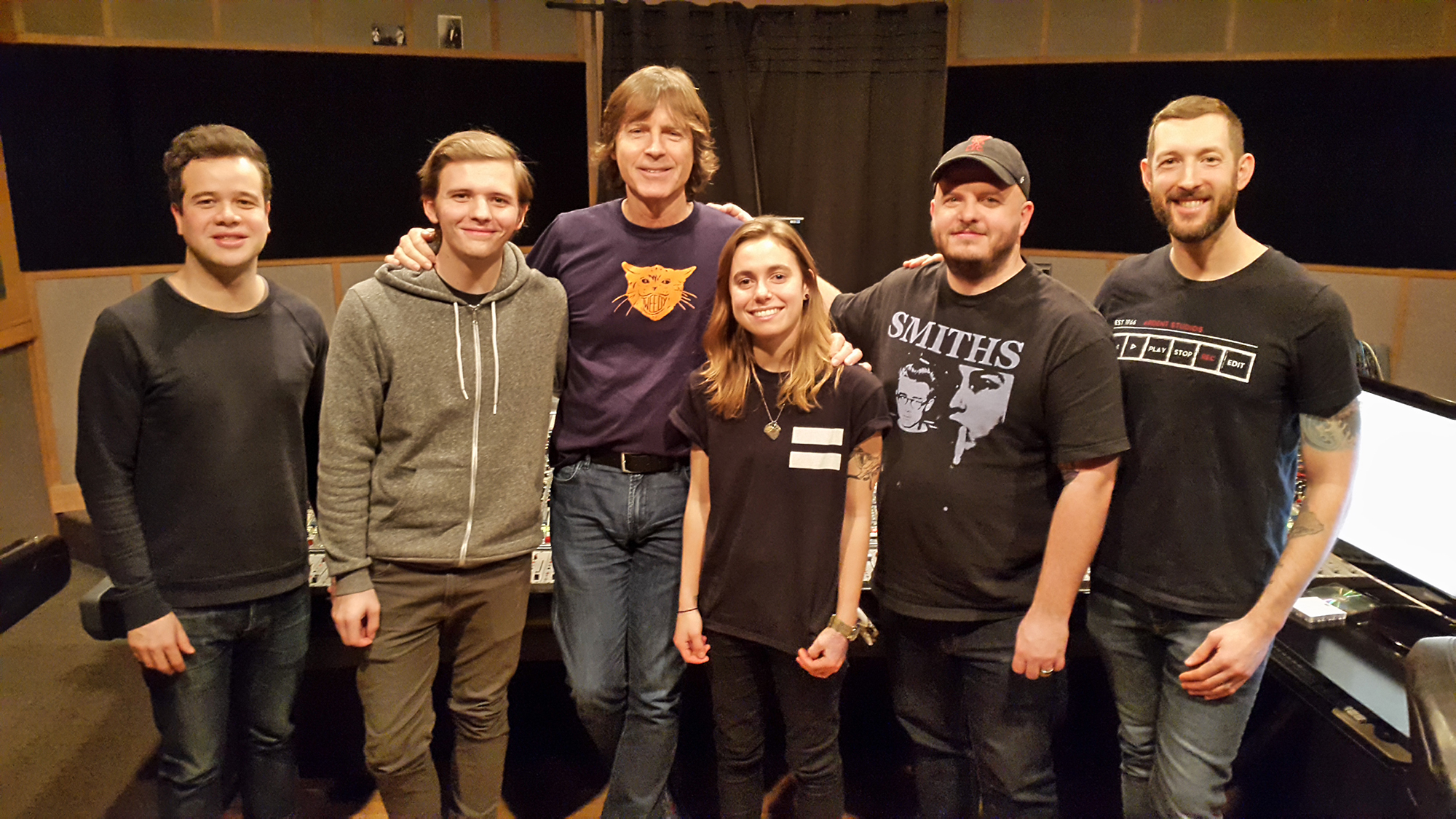 Studio A: Robby Morris (Matador A&R), Calvin Lauber (engineer), Jody Stephens, Julien Baker, Sean Rhorer (manager, Brixton Agency) and Ryan Wiley (Ardent's General Manager)