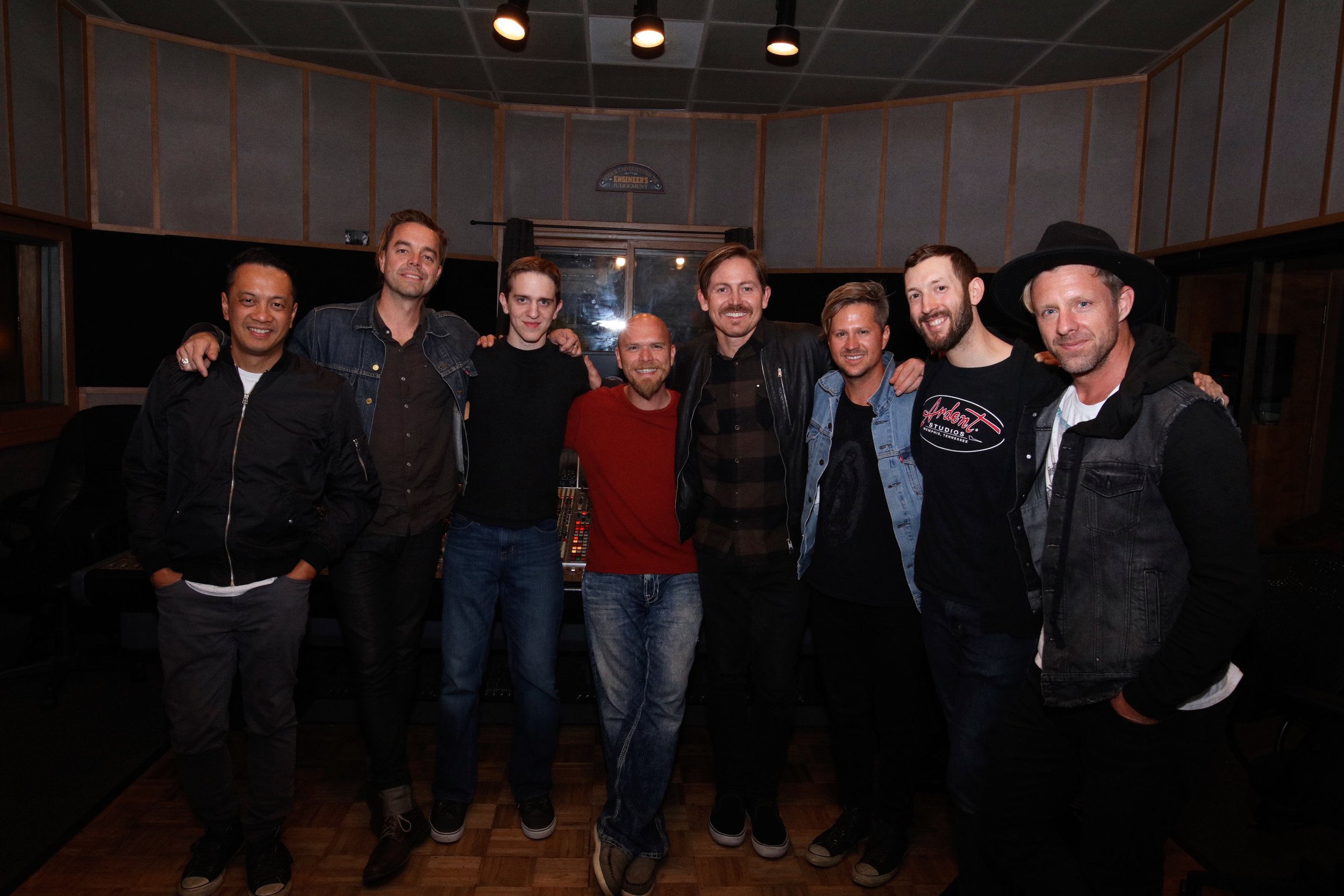 Studio A | L-R: Jerome Fontamillas, Drew Shirley, Andrew McNeill (assistant), Mike Wilson (engineer), Chad Butler, Tim Foreman, Ryan Wiley (General manager), and Jon Foreman ©ChrisTownsend
