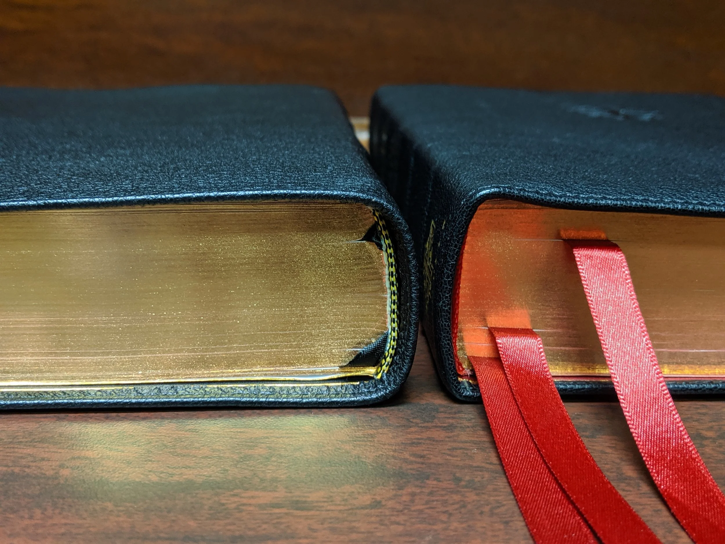 The Credo Quentel (right) may be just slightly thicker than the ESV Preaching Bible.