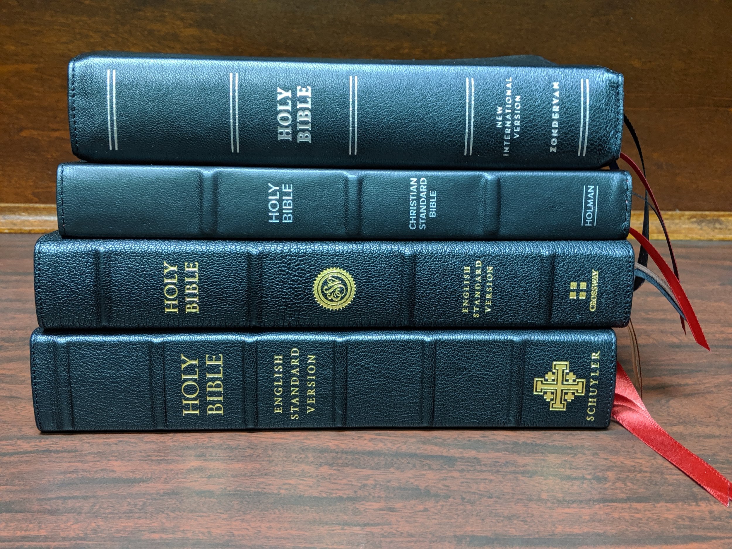 top to bottom: NIV Premier, CSB Large Print Ultra Thin, ESV Heirloom Legacy, Schuyler Credo Quentel