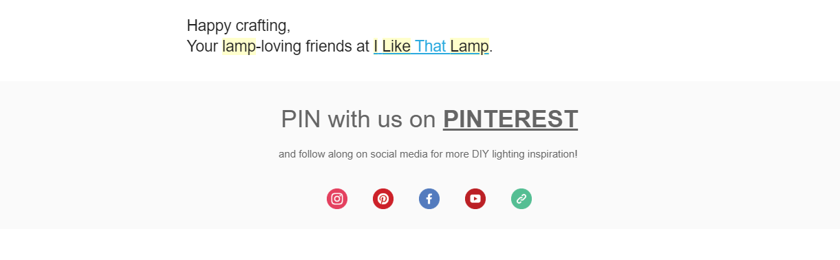Example of a Pinterest CTA integrated in a newsletter sent by I Like That Lamp.