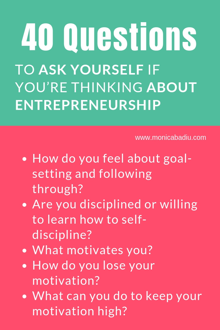 40 Questions to Ask Yourself If You’re Thinking About Entrepreneurship - Full list at www.monicabadiu.com #entrepreneurship #girlboss #mindsetwork #personalgrowth #introspection