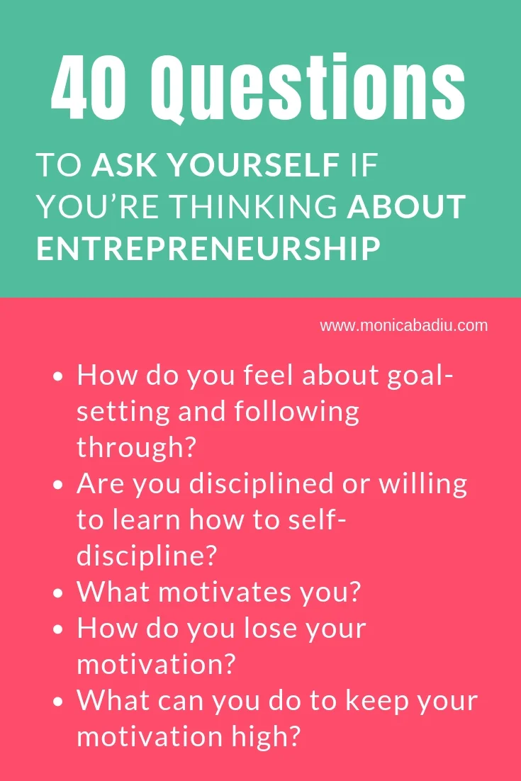 40 Questions to Ask Yourself If You’re Thinking About Entrepreneurship - Full list at www.monicabadiu.com #entrepreneurship #girlboss #mindsetwork #personalgrowth #introspection