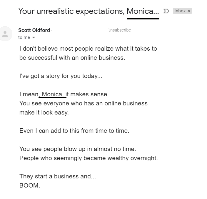 This is an example of an email that is using NAME personalization tag in the email subject line and body