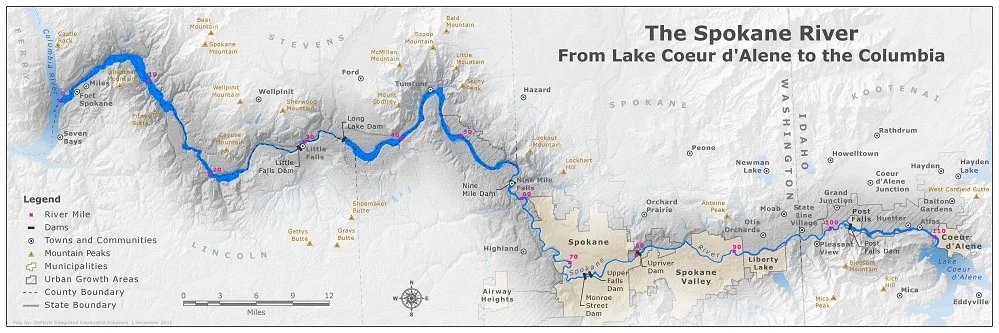 The Spokane River extends from Lake Coeur d'Alene to the Columbia River.