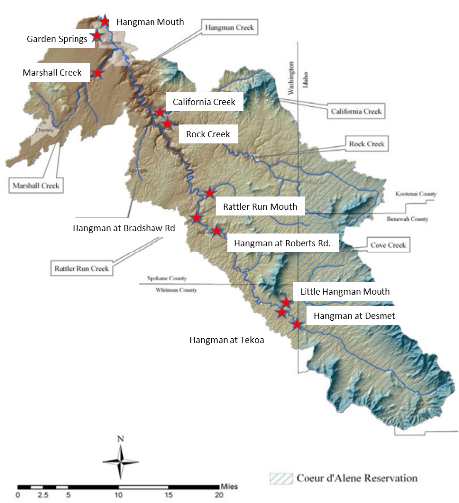 Figure 3. Locations of water temperature loggers in Hangman Creek, summer 2017