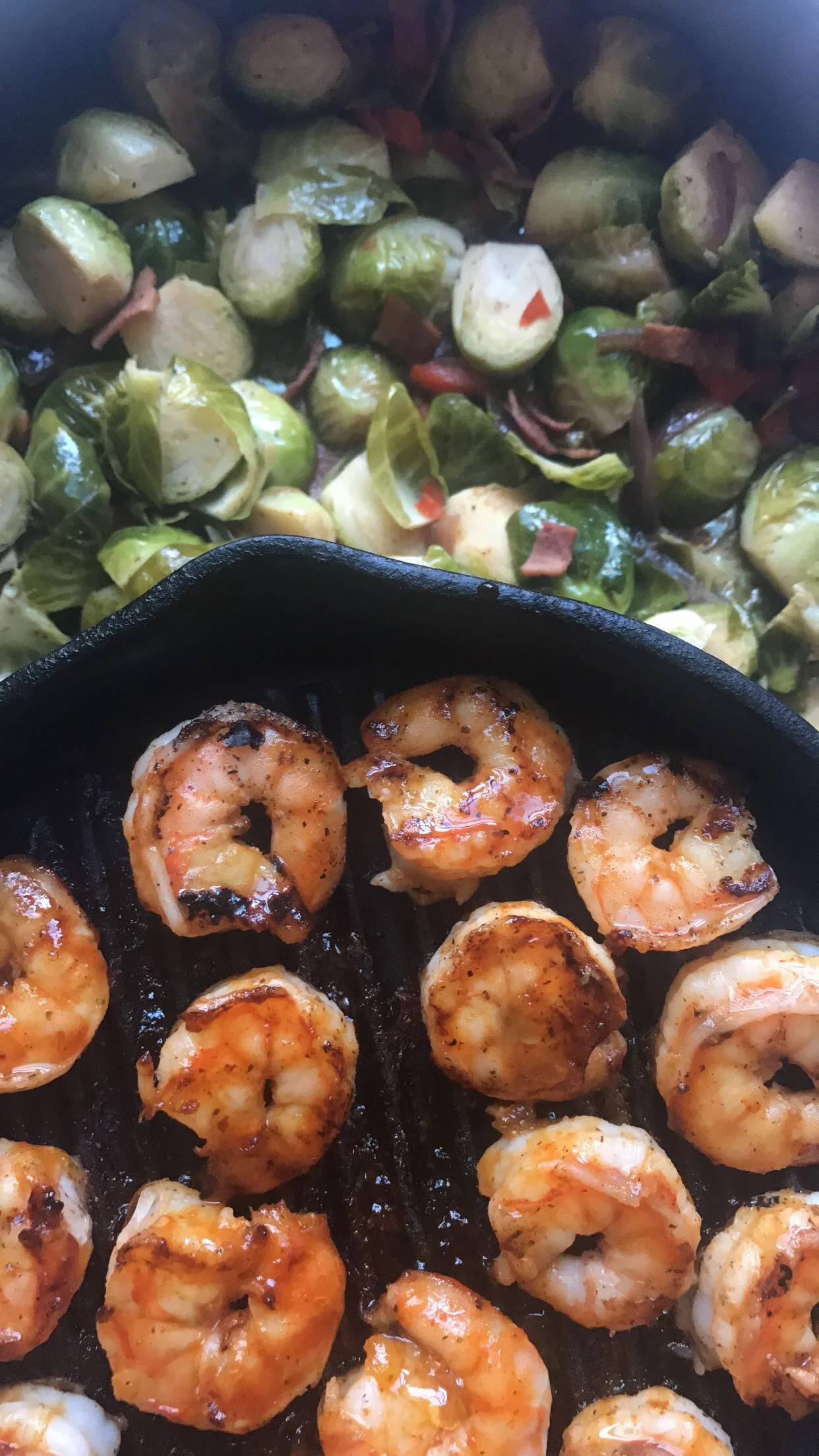 Sweet and Spicy Citrus Glazed Grilled Shrimp with Balsamic Kissed Pan Roasted Brussel Sprouts