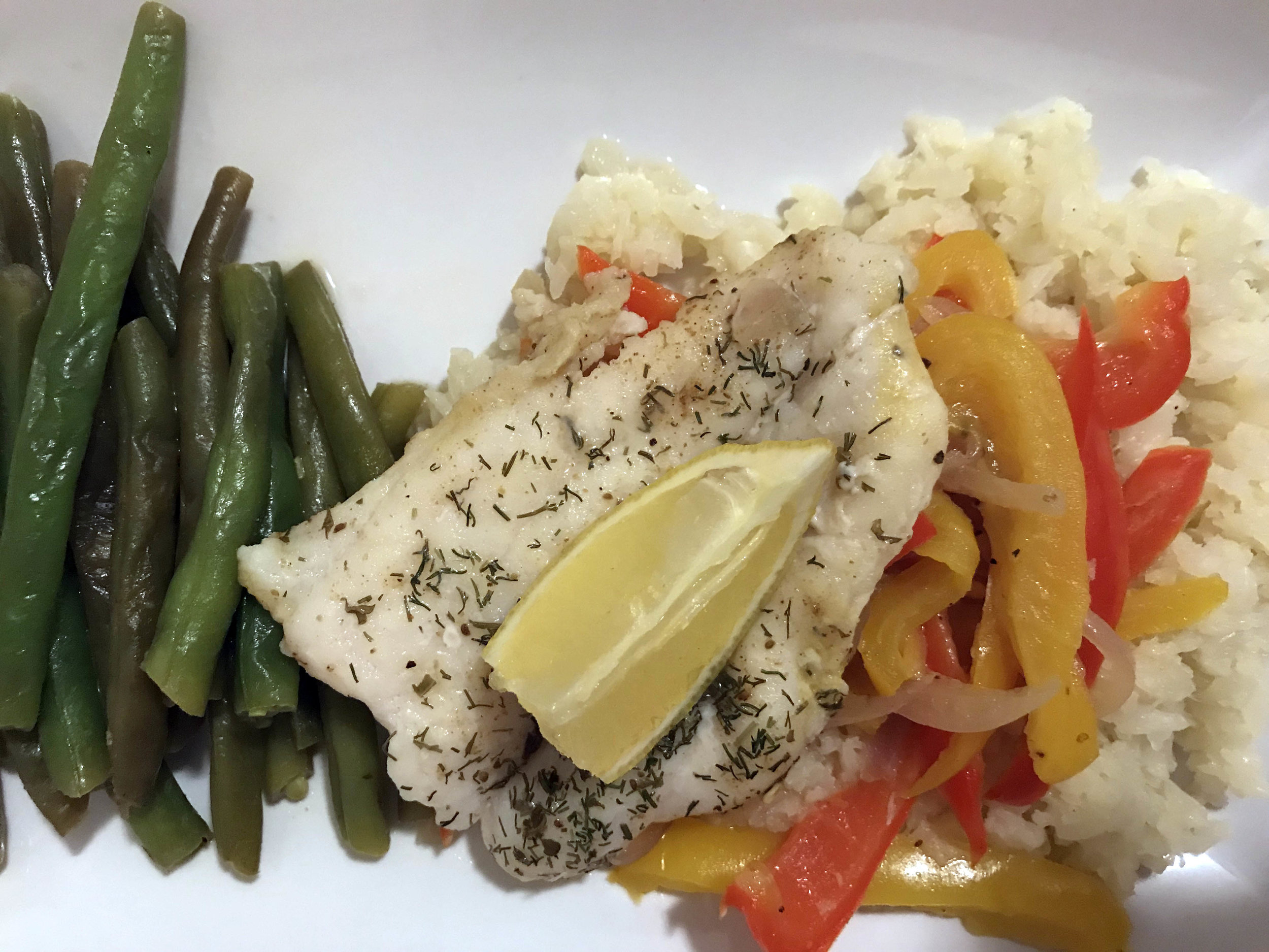 Stewed Sea Bass, Green Beans + Riced Cauliflower