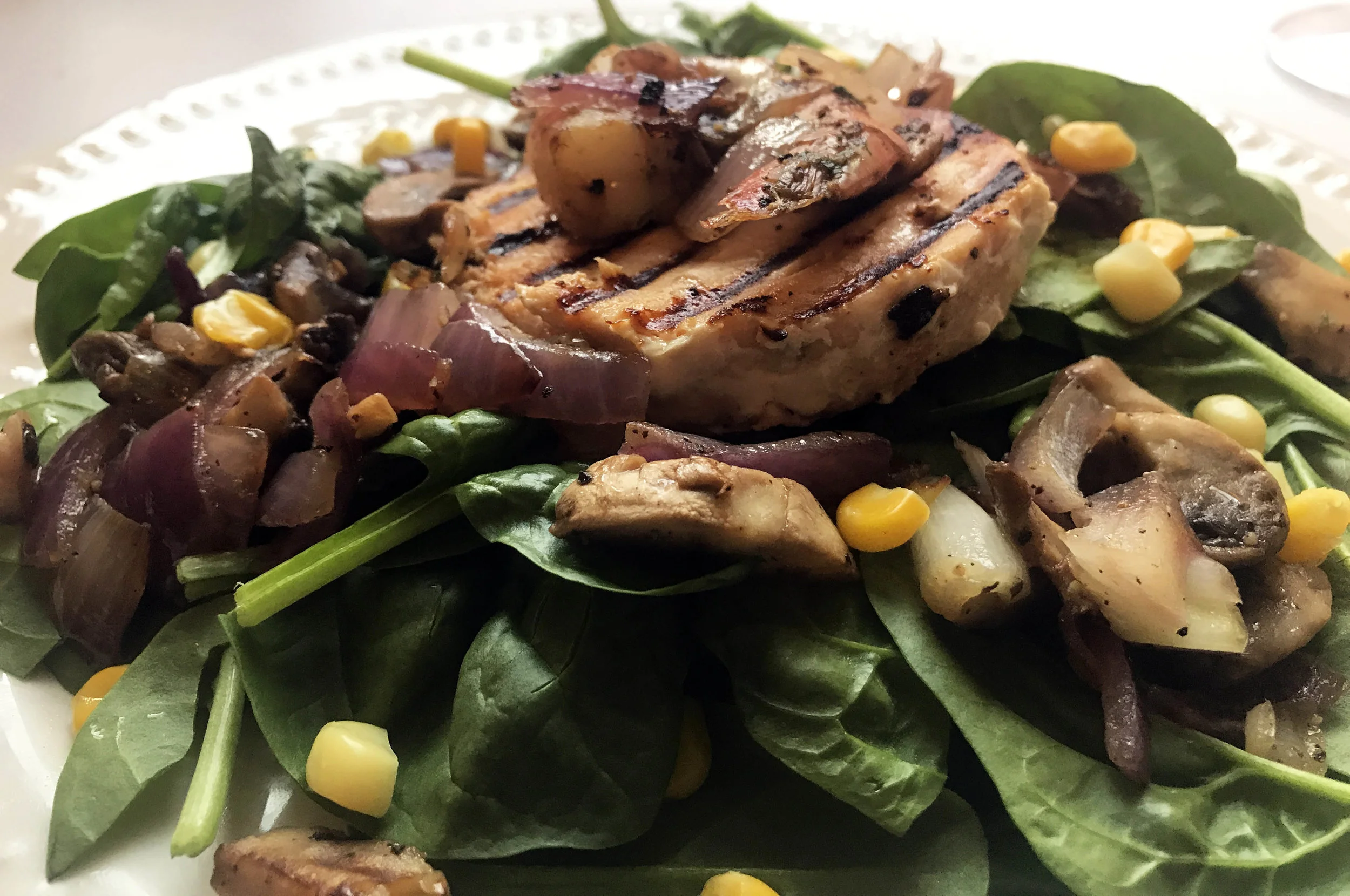 Salmon + Shrimp Garden Salad With Chile Lime Vinaigrette