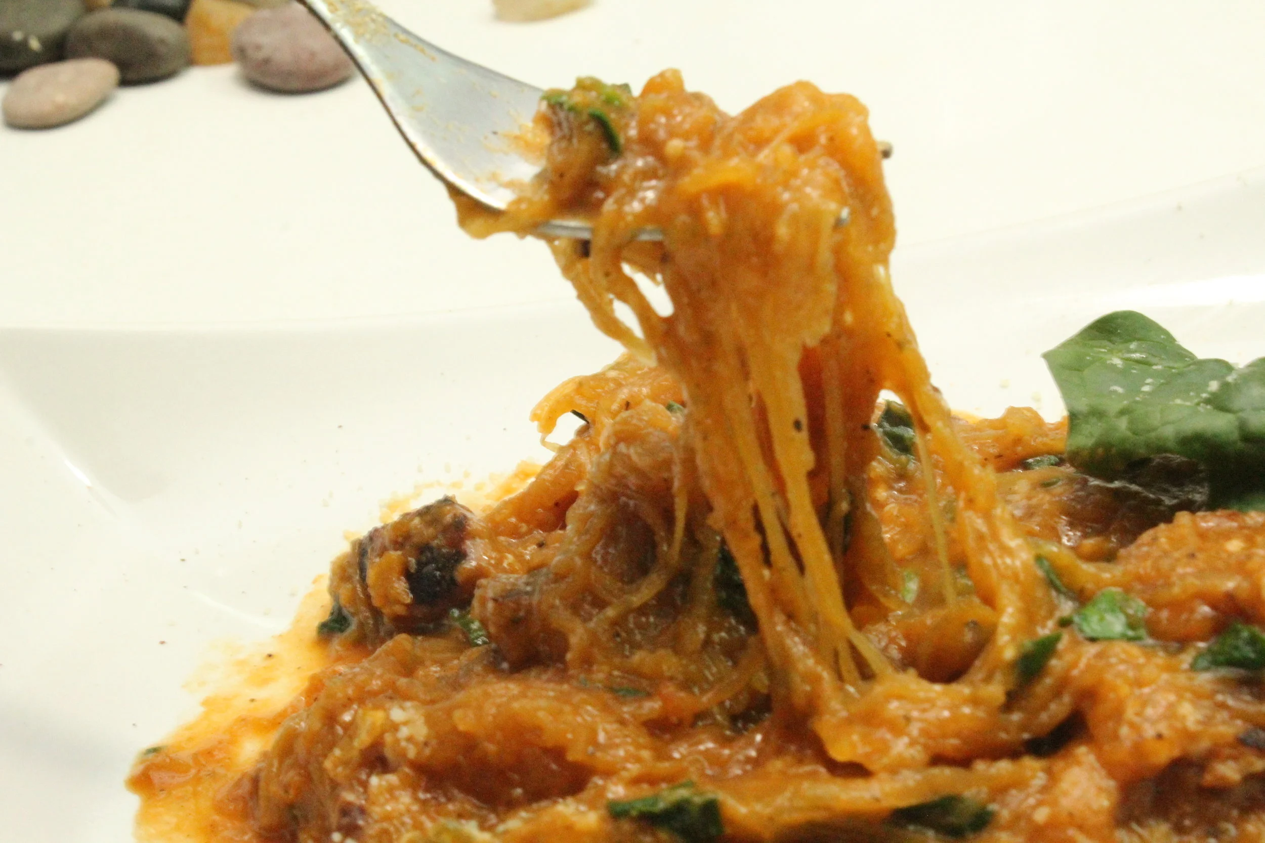 Spaghetti Squash + Chicken Apple Sausage in Roasted Red Pepper Sauce
