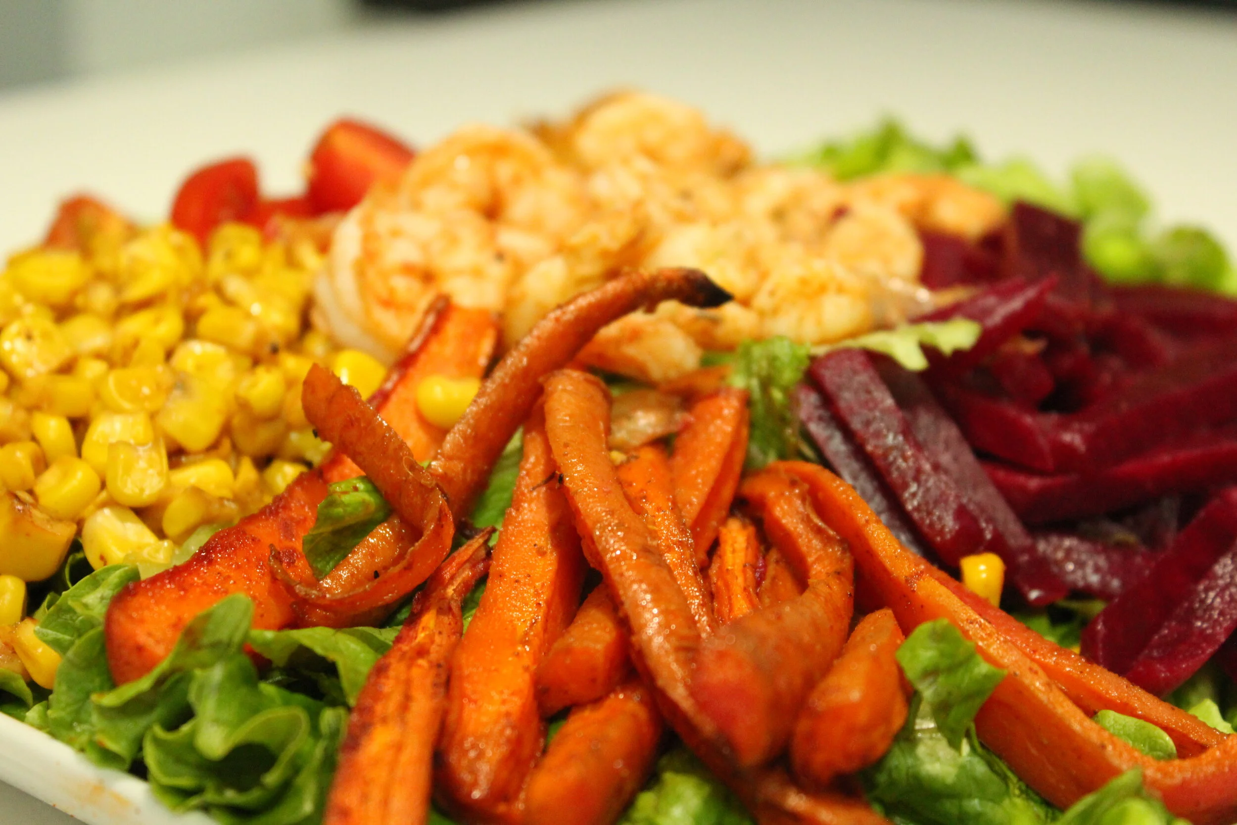 Roasted Vegetable Salad with Shrimp &amp; Honey Mustard Dressing