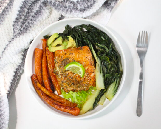 Slammin' Salmon, Bok Choy, and Roasted Carrot Bowl with Lemon Butter Sauce