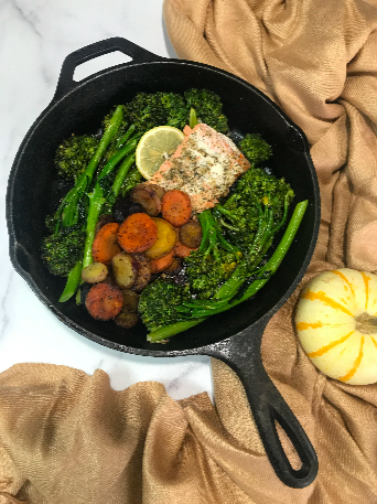 Herbed Salmon with Roasted Carrots and Broccolini  with a Lemon Butter Sauce