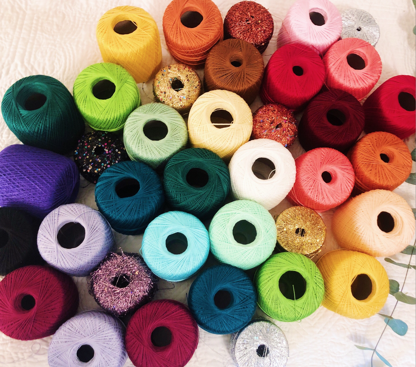 All of the yarn colors used to make the Rainbow dress