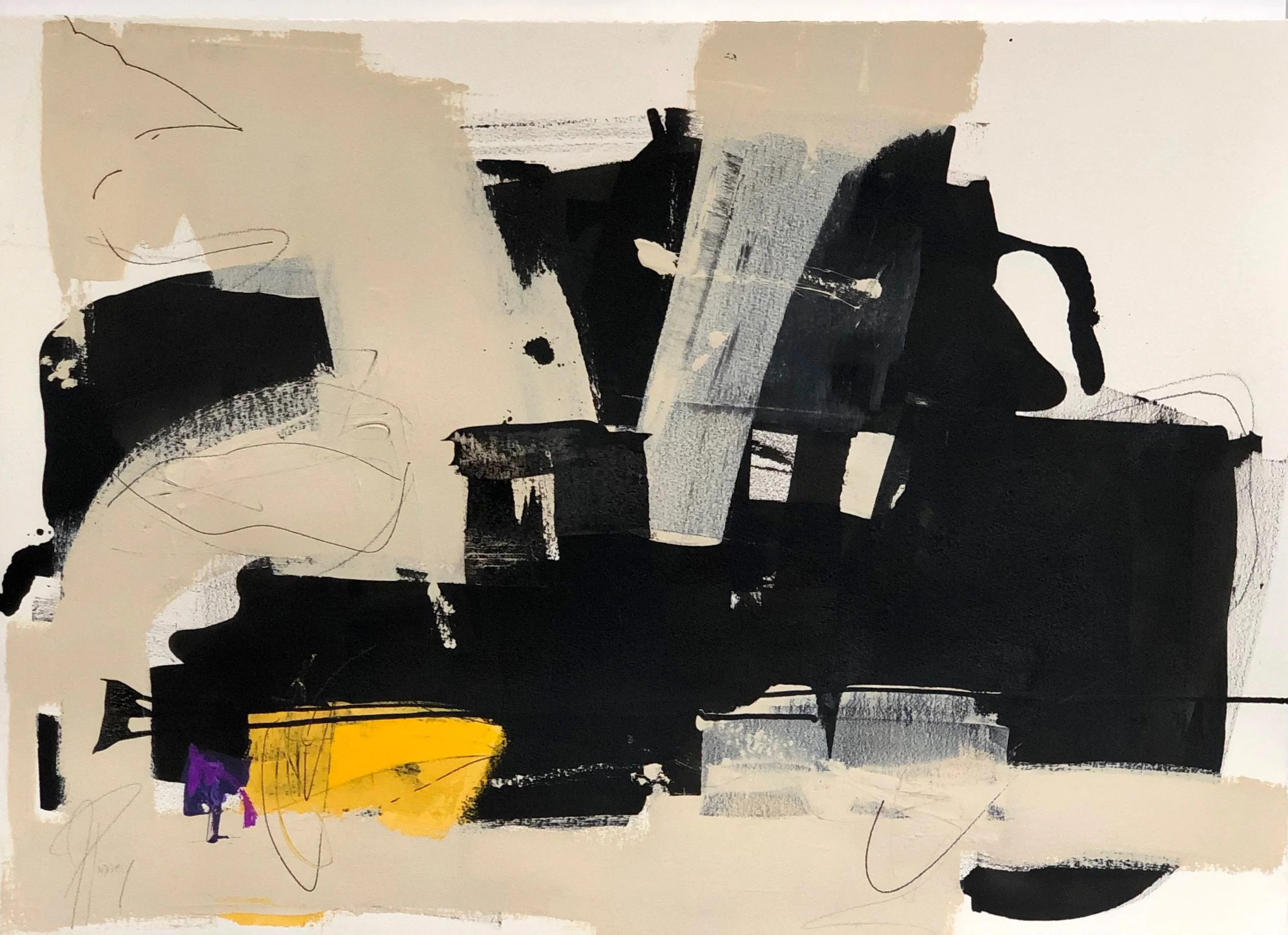 Yellow 33X43 mixed media on paper floated in black lacquer frame $2200