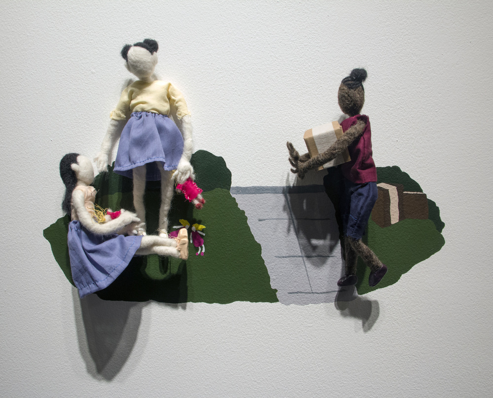 I Unpacked While They Played With Their Dolls | wool, clay, cotton, wire, acrylic paint | 21 x 13 x 4 inches | 2016