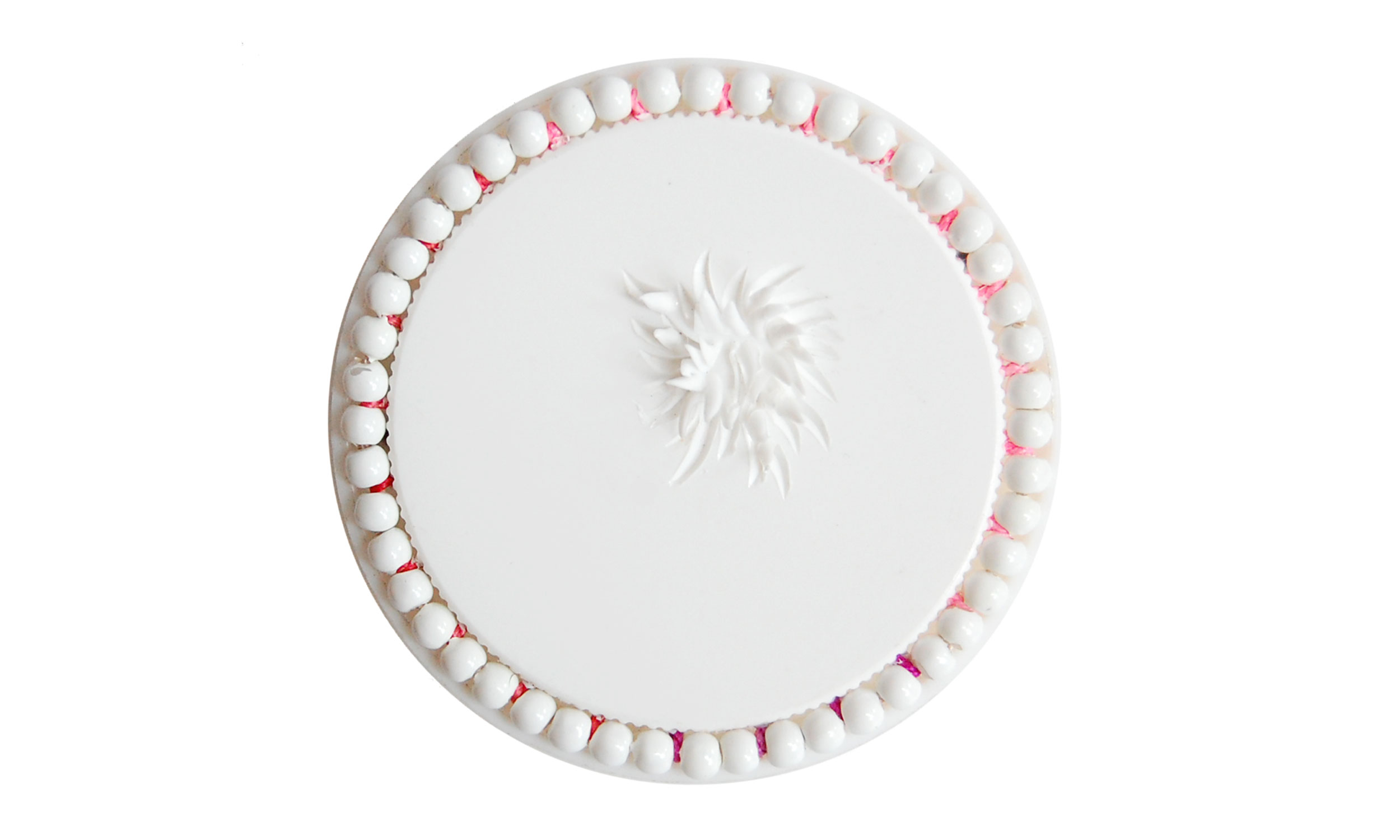 Single Row Beaded Brooch, reused pill bottle cap, cotton thread, plastic beads, steel pin back, approximately 2" around, $120 Contact us for purchase