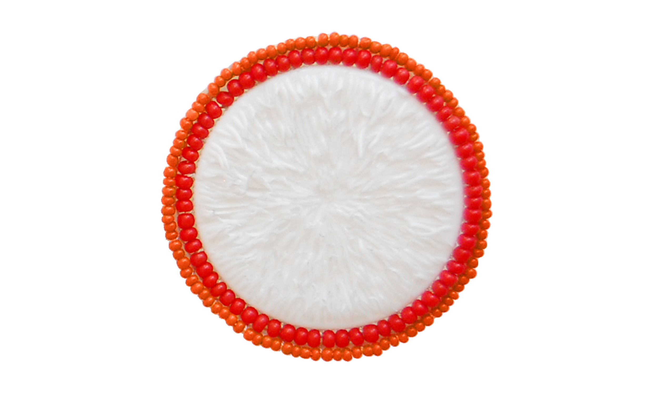 Double Row Beaded Brooch, reused pill bottle cap, cotton thread, plastic beads, steel pin back, approximately 2" around, $135 Contact us for purchase