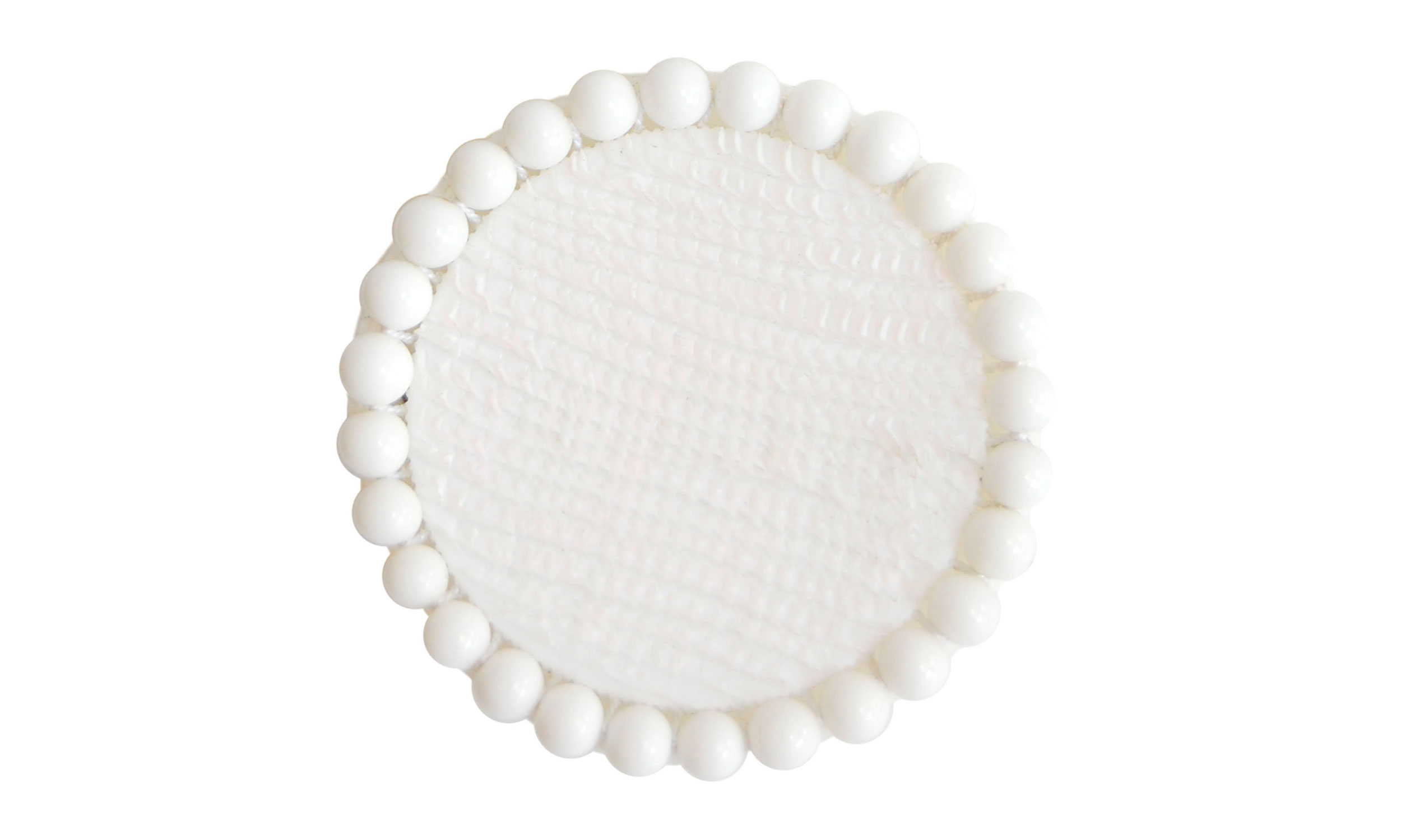 Single Row Beaded Brooch, reused pill bottle cap, cotton thread, plastic beads, steel pin back, approximately 2" around, $120 Contact us for purchase