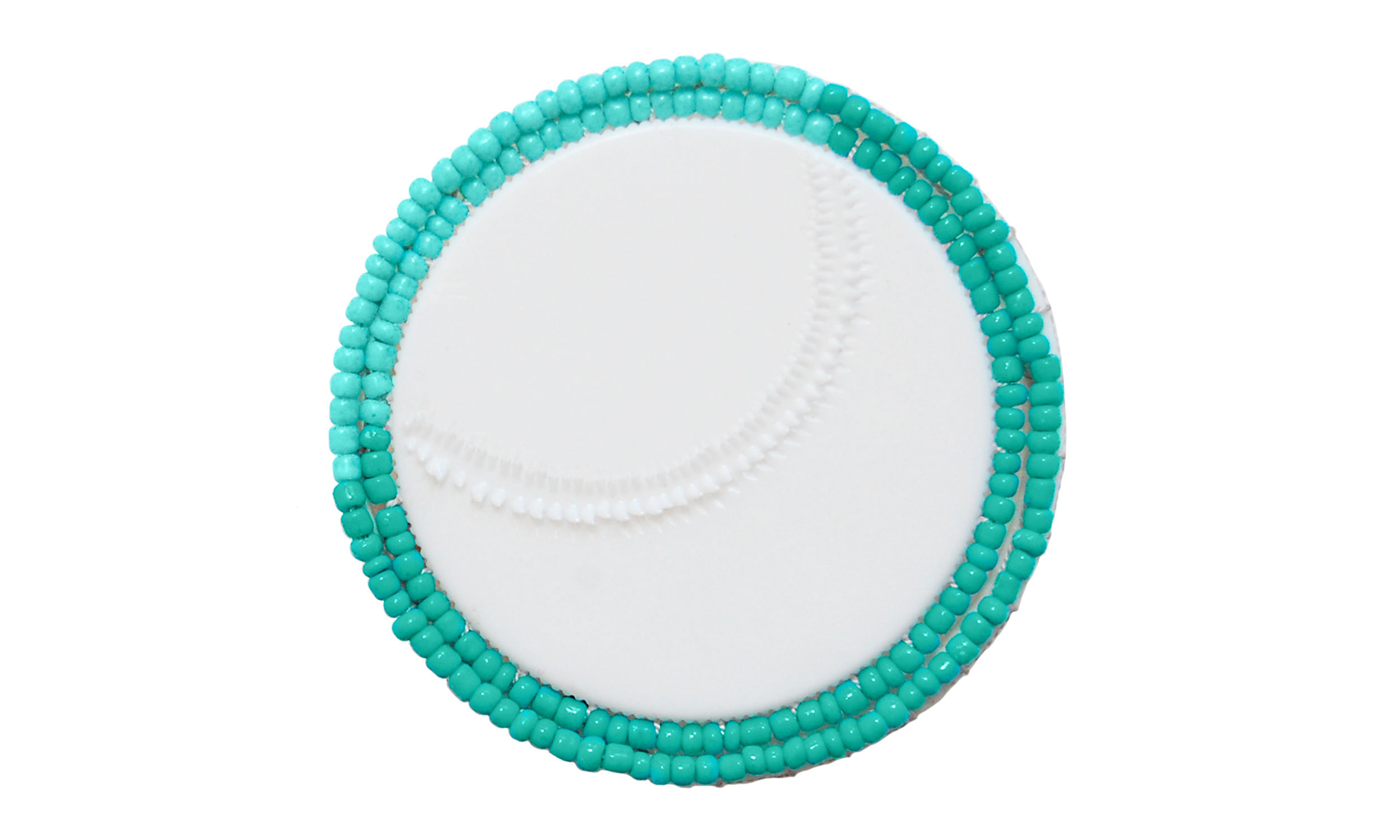 Double Row Beaded Brooch, reused pill bottle cap, cotton thread, plastic beads, steel pin back, approximately 2" around, $135 Contact us for purchase
