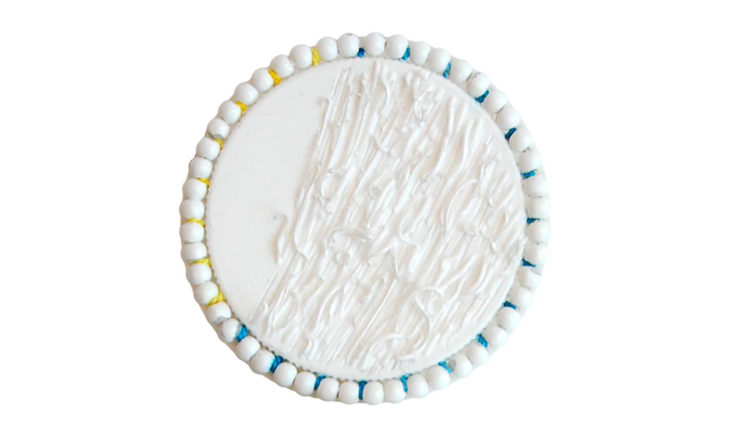 Single Row Beaded Brooch, reused pill bottle cap, cotton thread, plastic beads, steel pin back, approximately 2" around, $120 Contact us for purchase