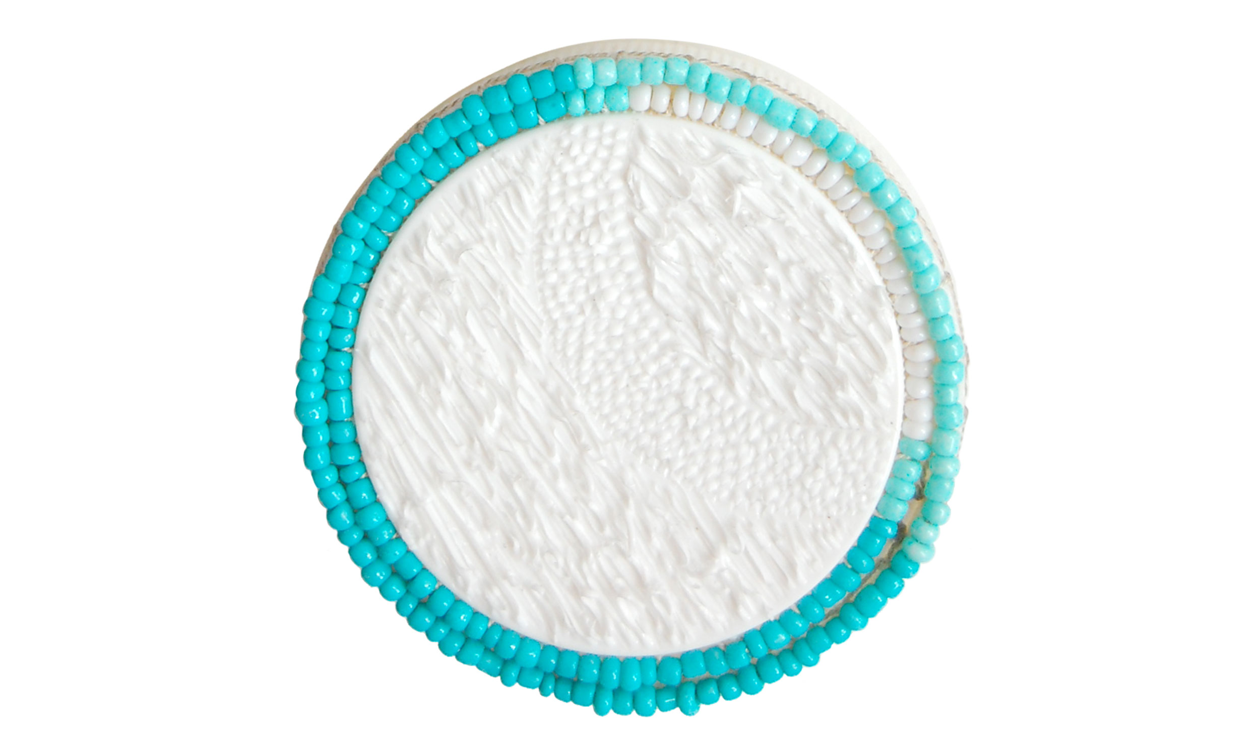 Double Row Beaded Brooch, reused pill bottle cap, cotton thread, plastic beads, steel pin back, approximately 2" around, $135 Contact us for purchase