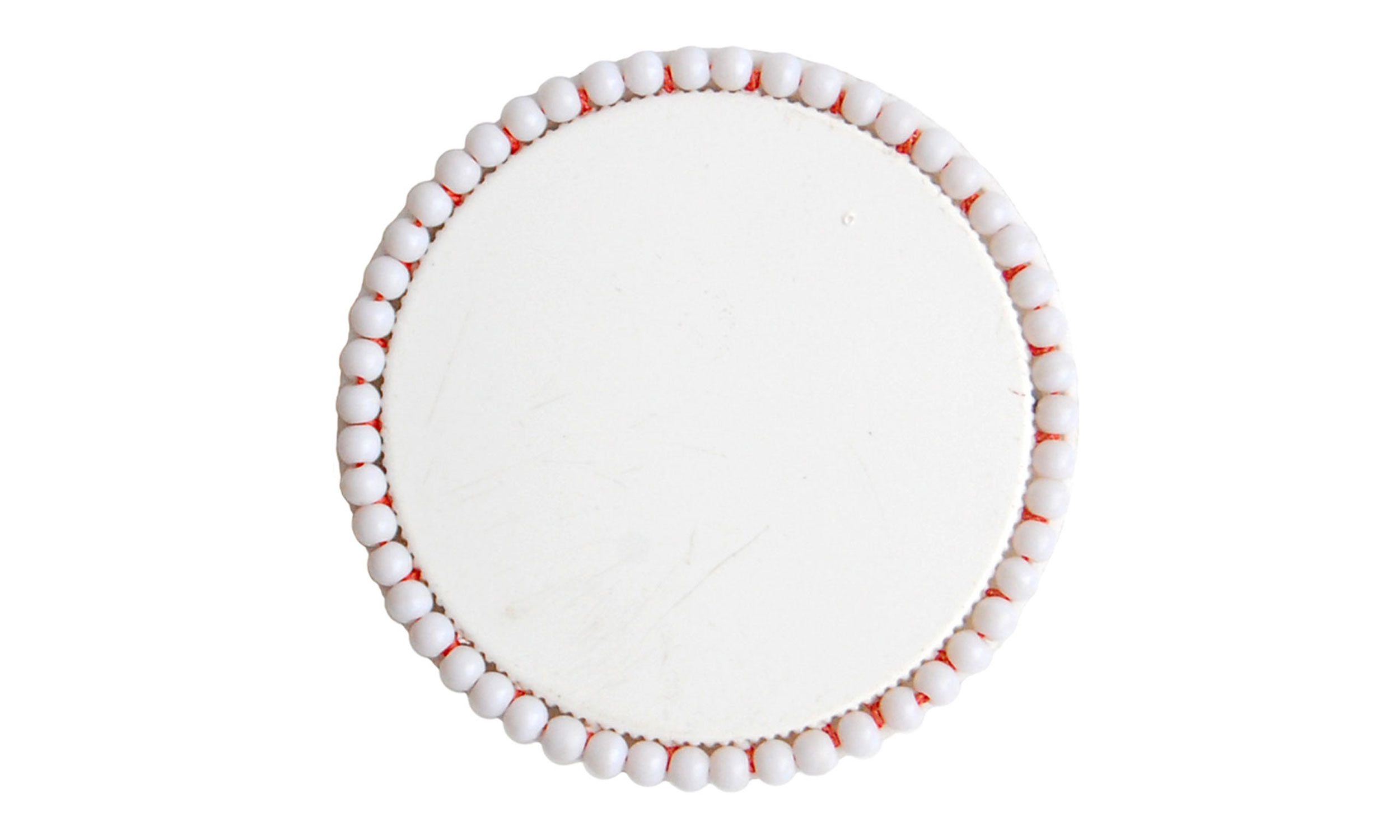 Single Row Beaded Brooch, reused pill bottle cap, cotton thread, plastic beads, steel pin back, approximately 2" around, $120 Contact us for purchase