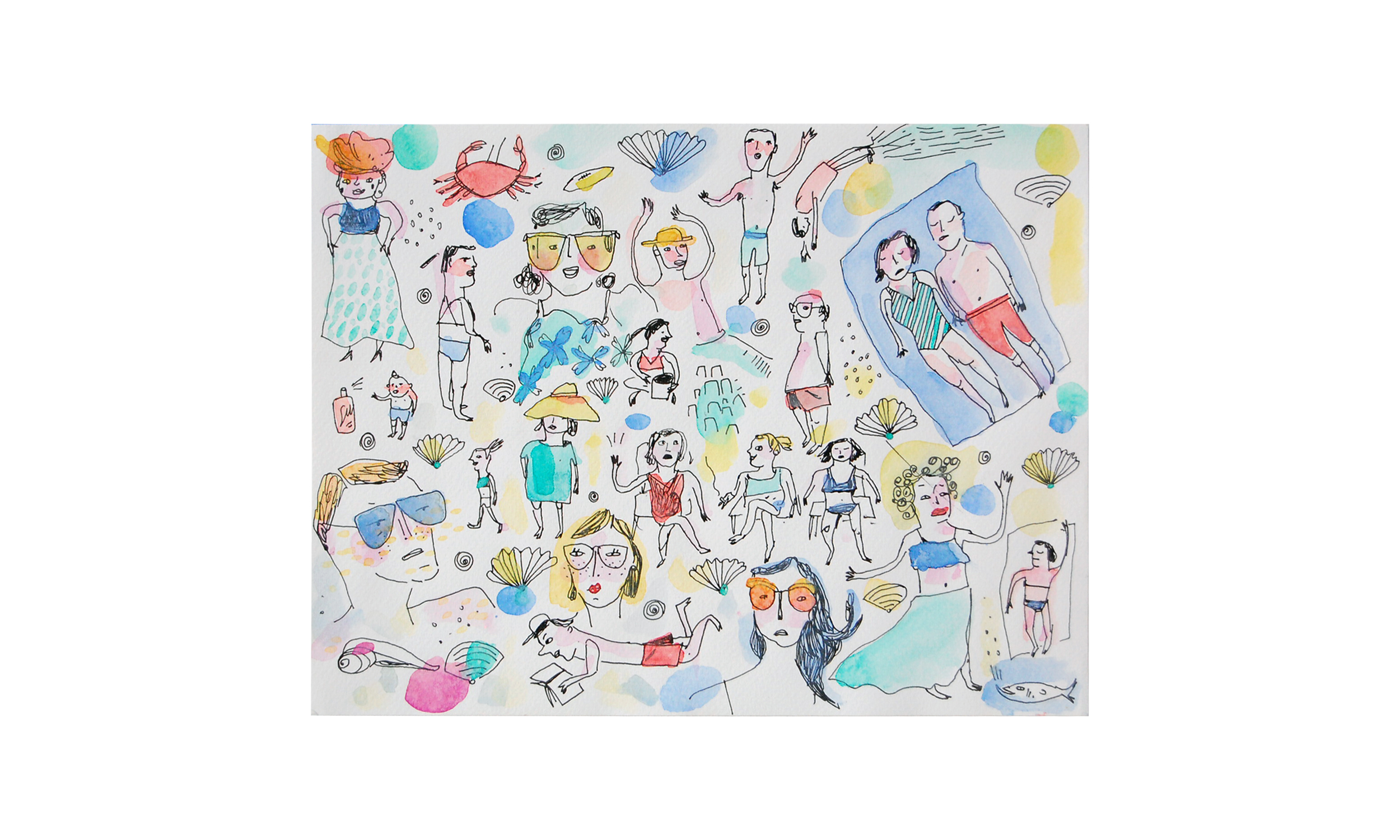 Beach People, ink and watercolor on paper, 9" x 12", $200 Contact us for purchase