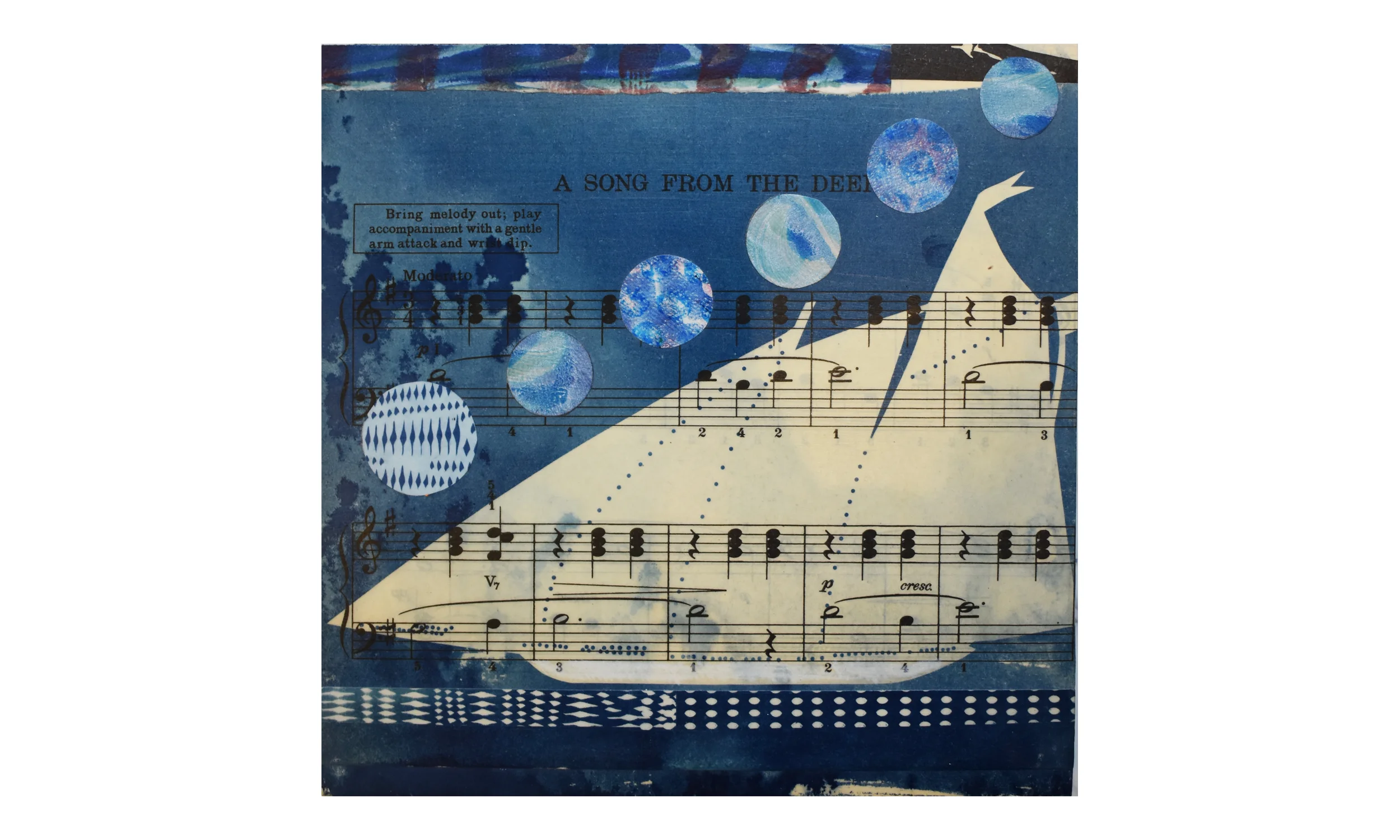 A Song From The Deep, cyanotype and collage on panel, 10 x 10" Contact us for purchase