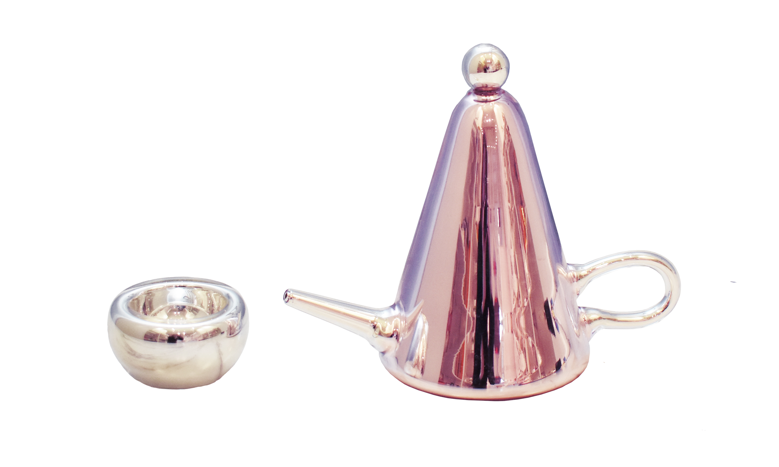 Pink Mirrored Teapot + Cup II, flameworked and pink-tinted mirrorized glass (on teapot body), variable dimensions, $450 Contact us for purchase