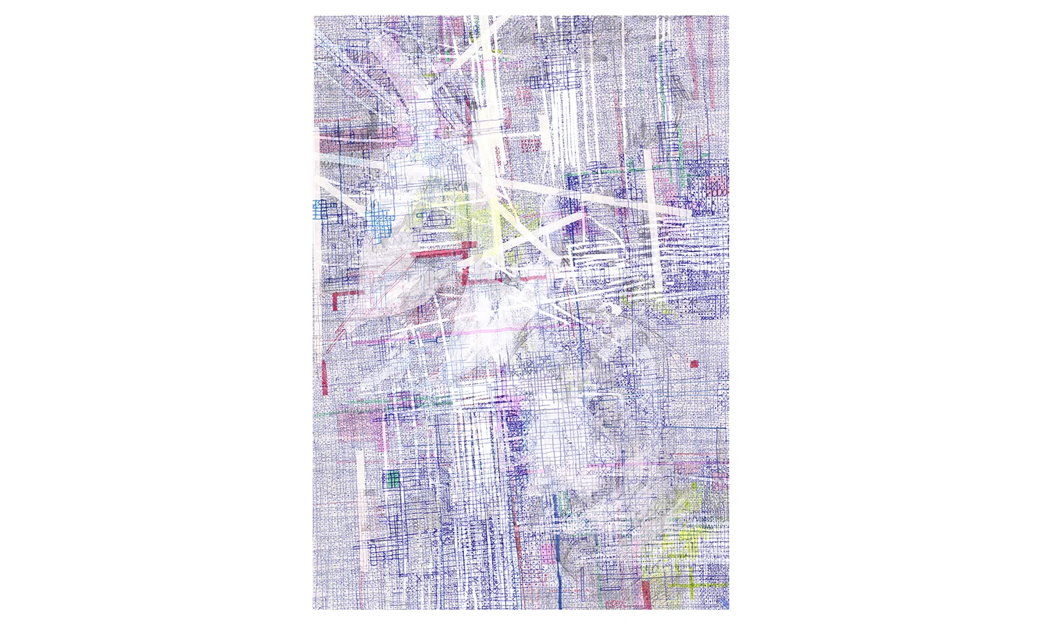 Structures III , ink, colored pencil, correction tape, correction fluid, artist tape on mulberry paper, 25x37”, $1,600 Contact us for purchase
