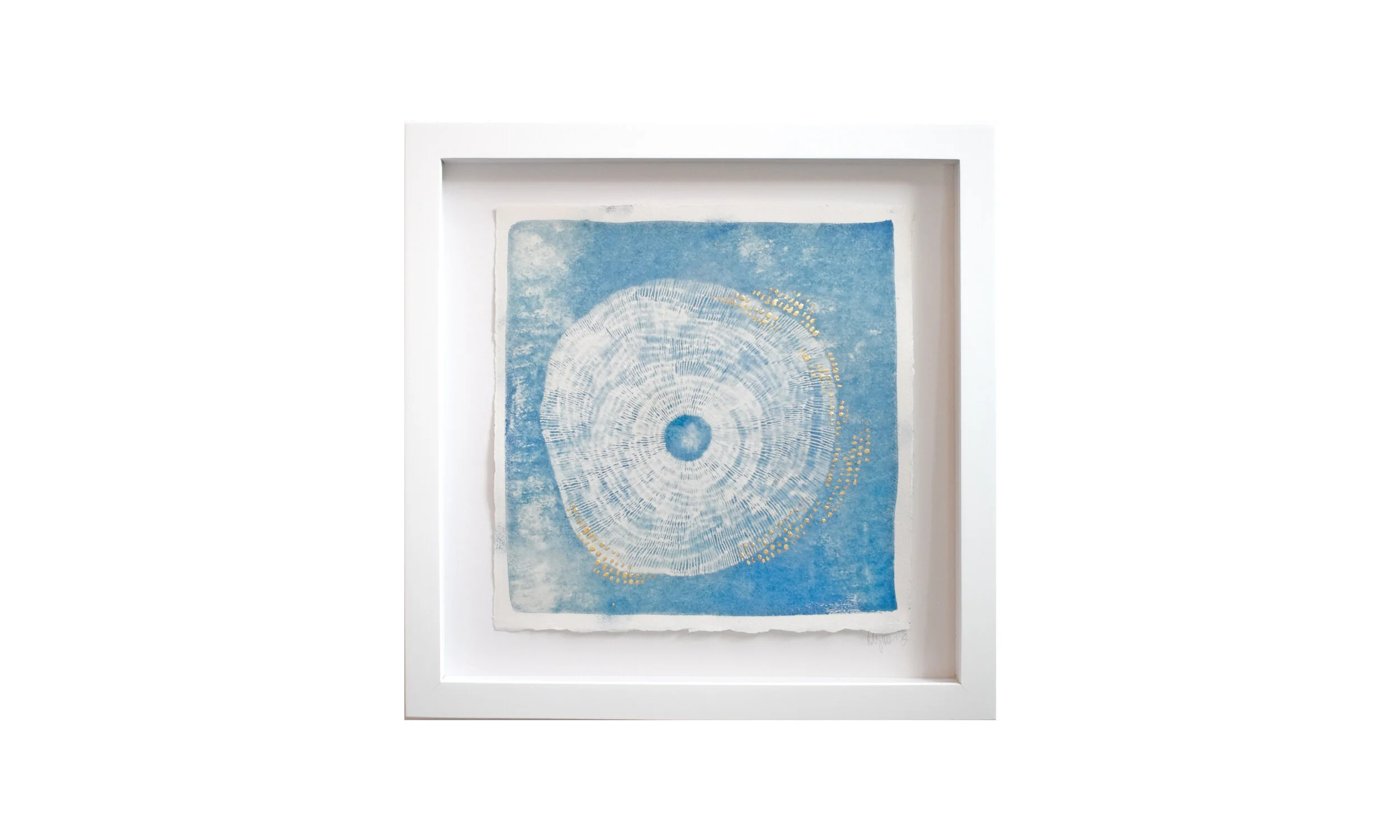 Haeligewielle III , cyanotype print with metal leaf, 13.25” x 13.25”, framed, $ 750 Contact us for purchase