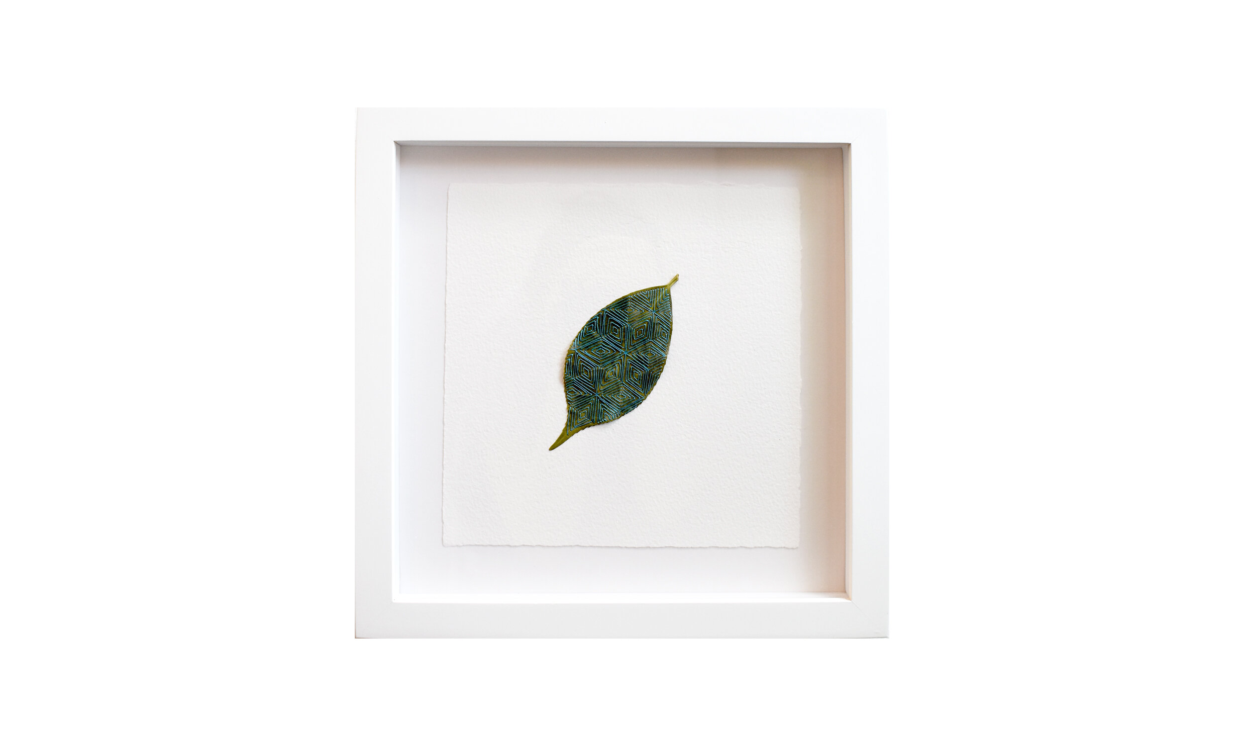 Reaching Toward the Other, hand stitched camellia leaf, 11.25” x 11.25”, framed, $ 750 Contact us for purchase