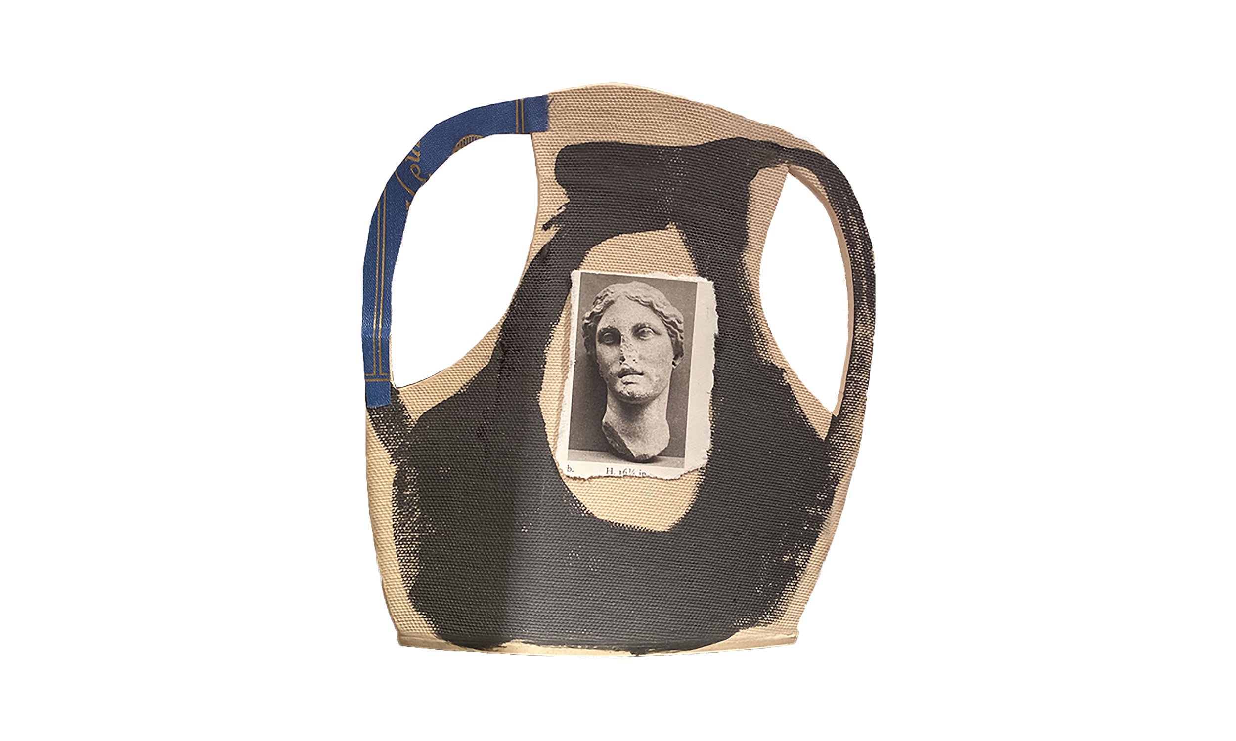 Vase with Portrait of a Woman, 2022, collage, underglaze, and book cover fabric on fired  stoneware, $250 (Copy)