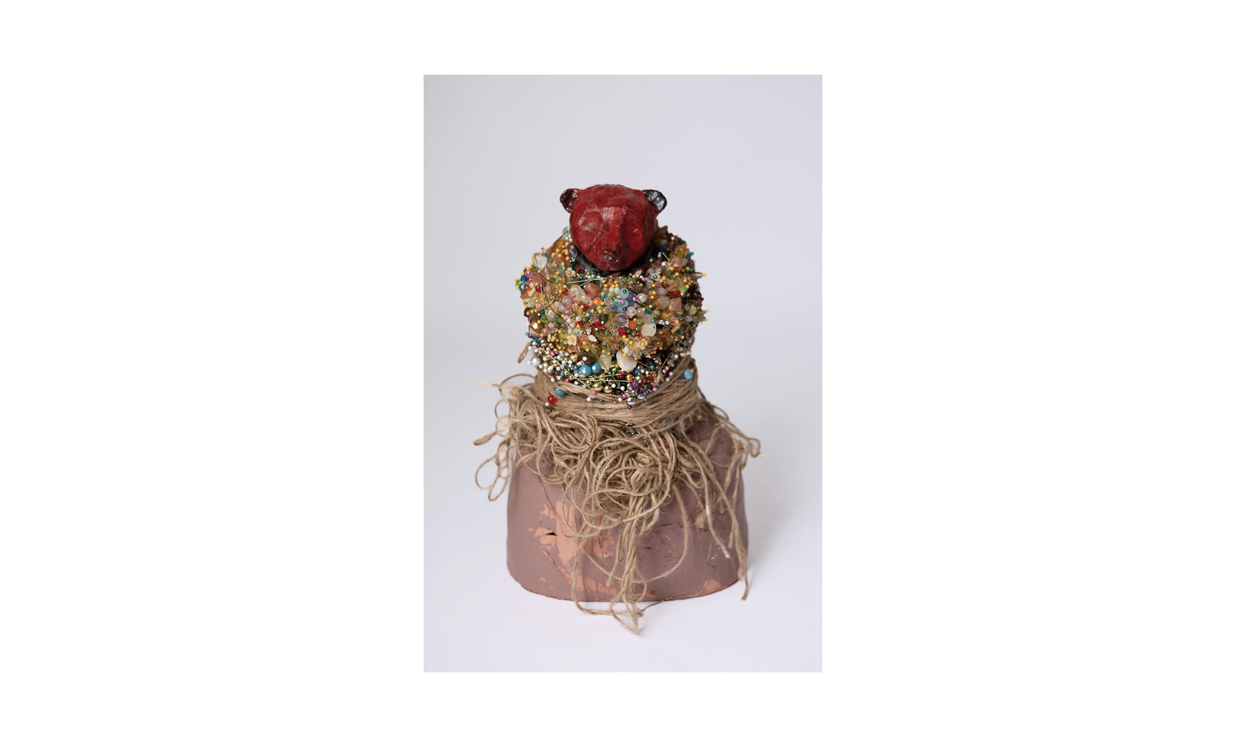   Untitled,  beads, glue, pins, twine, clay, paint ,  approx. 10W x 10H x 8.5D”, $2600  
