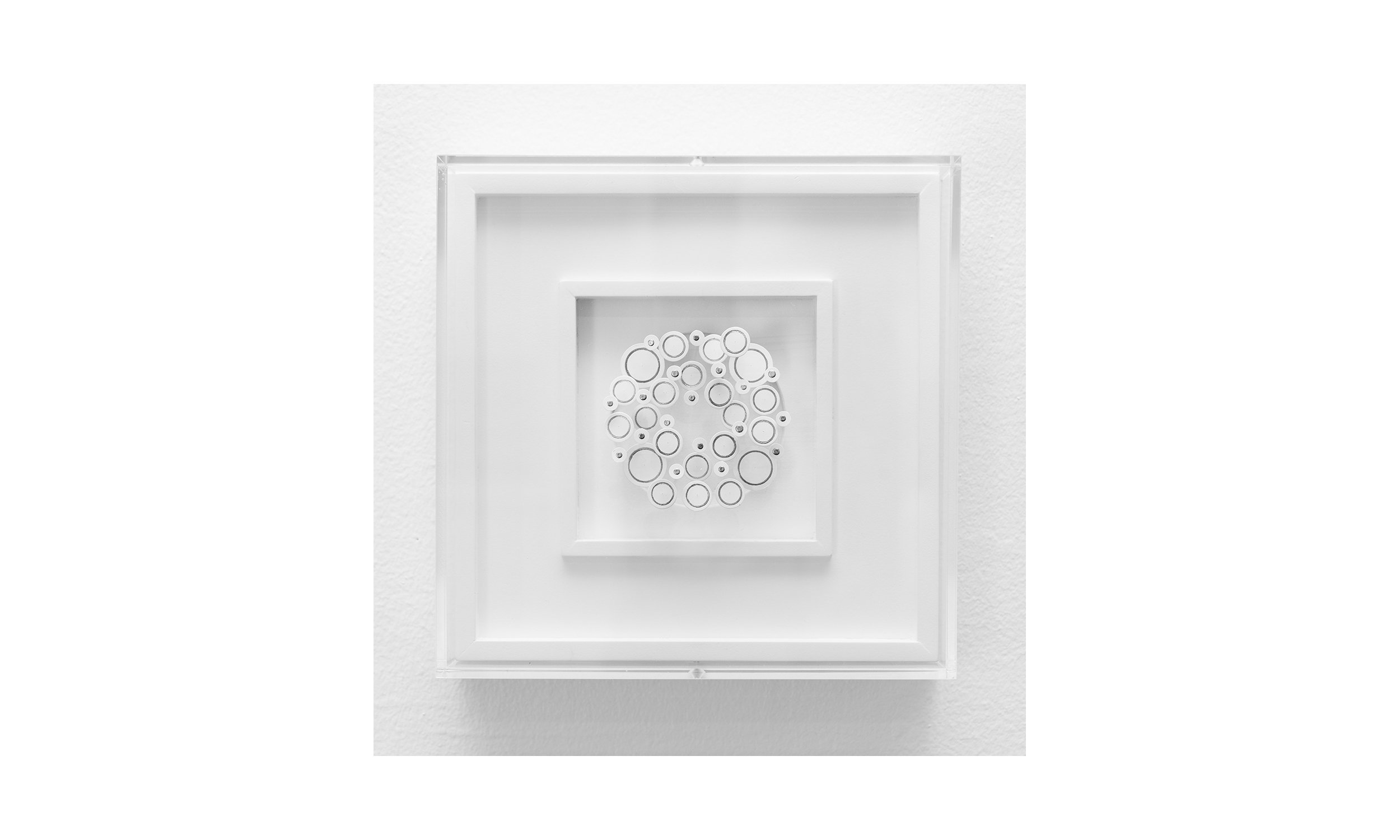  6. ON HOLD:  Partita- Palladium  (2022), Palladium leaf on stone paper, steel pins, artist made wood frame, 8 ½” x 8 ½” x 3”, $1,250 