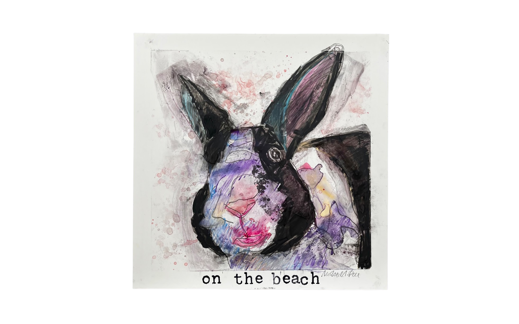   on the beach.  (2023), watercolor, graphite, and rubber stamping on synthetic paper, framed 19 x 19”, SOLD 