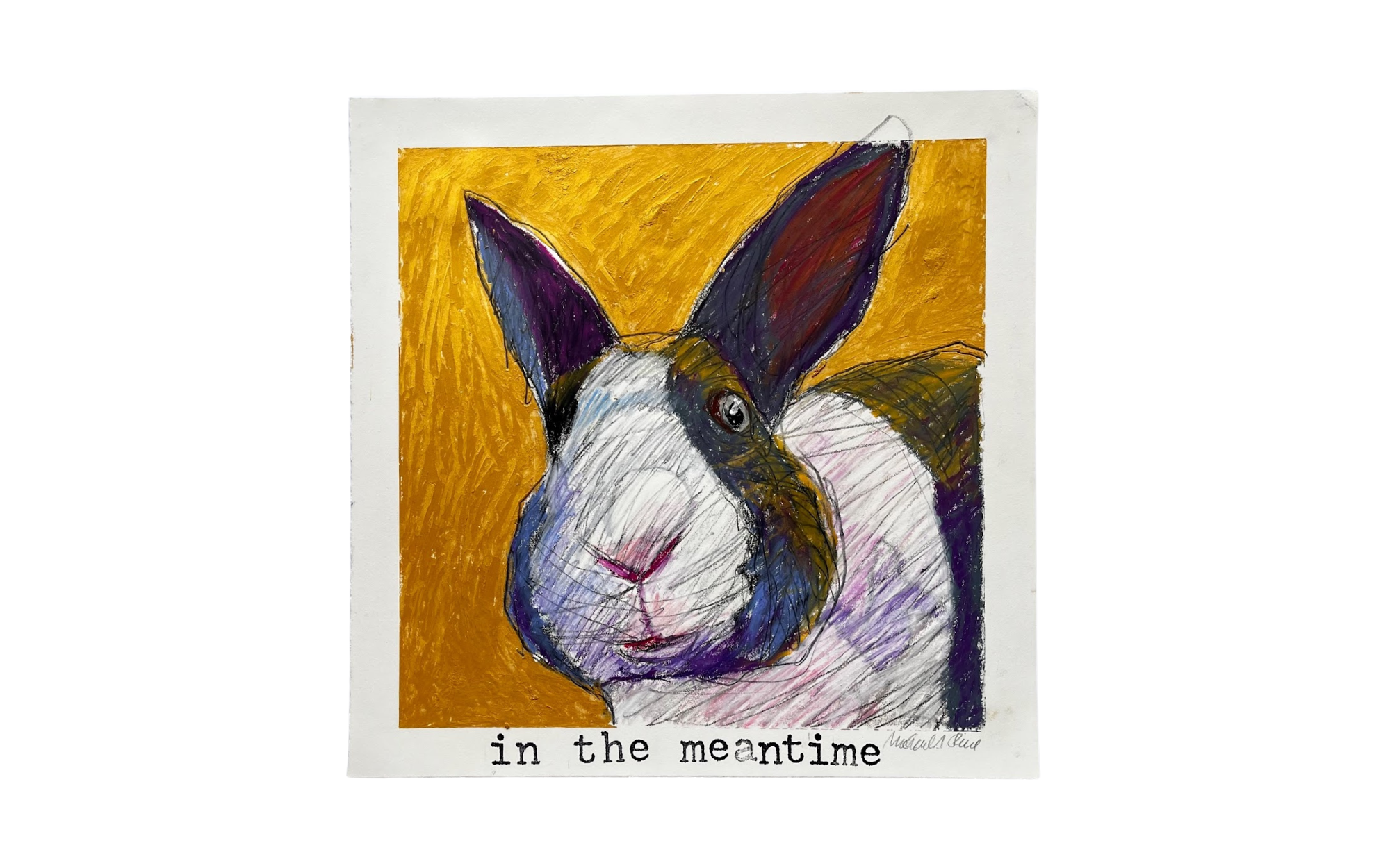   in the meantime.  (2023), oil pastels, oil stick, graphite, and rubber stamping on paper, framed 19 x 19”, (SOLD) 