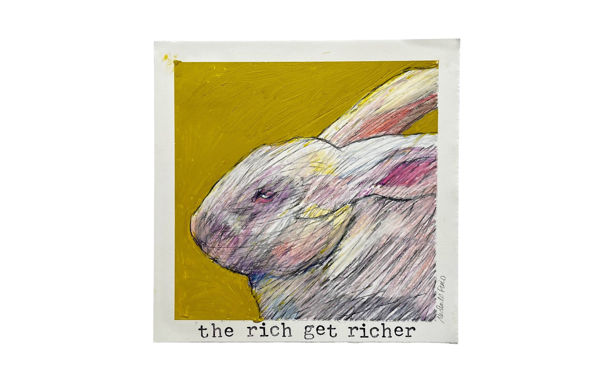   the rich.  (2023), oil pastels, oil stick, graphite, and rubber stamping on paper, framed 19 x 19”, $400 