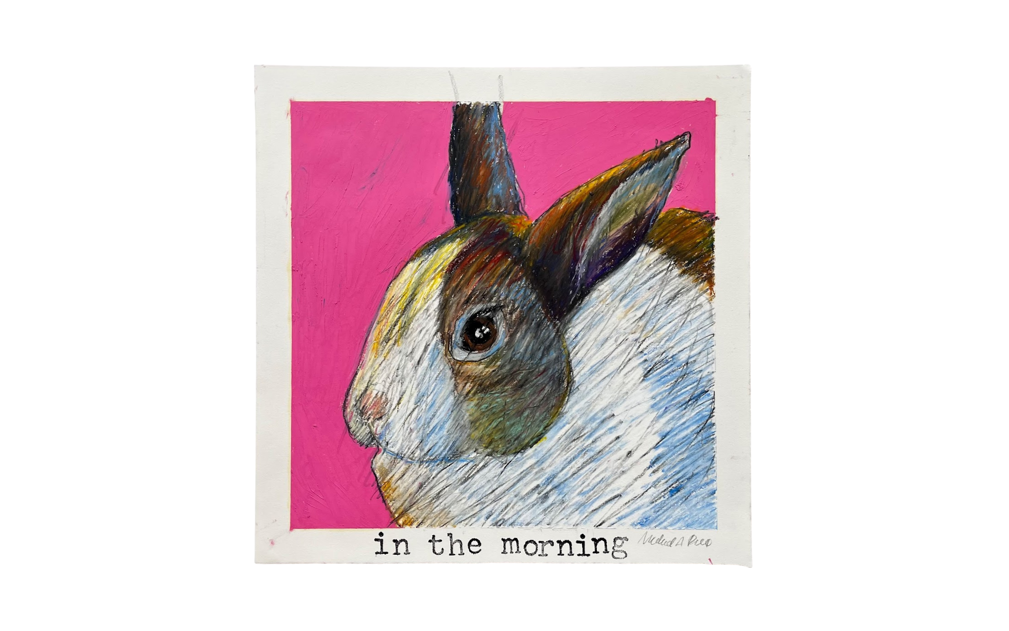   in the morning.  (2023), oil pastels, oil stick, graphite, and rubber stamping on paper, framed 19 x 19”, SOLD 