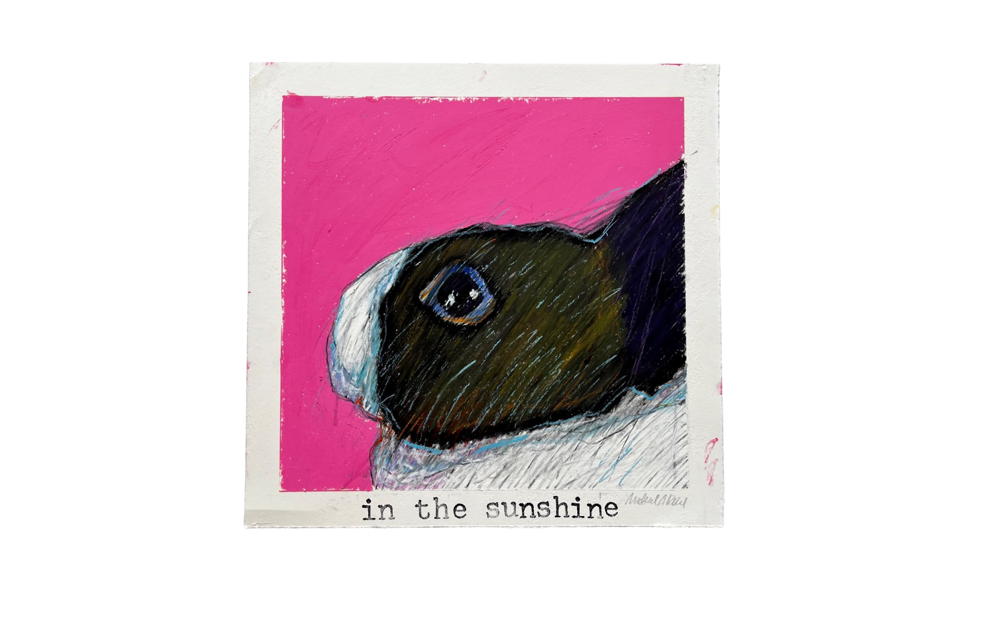  in the sunshine.  (2023), oil pastels, oil stick, graphite, and rubber stamping on paper, framed 19 x 19”, $400 