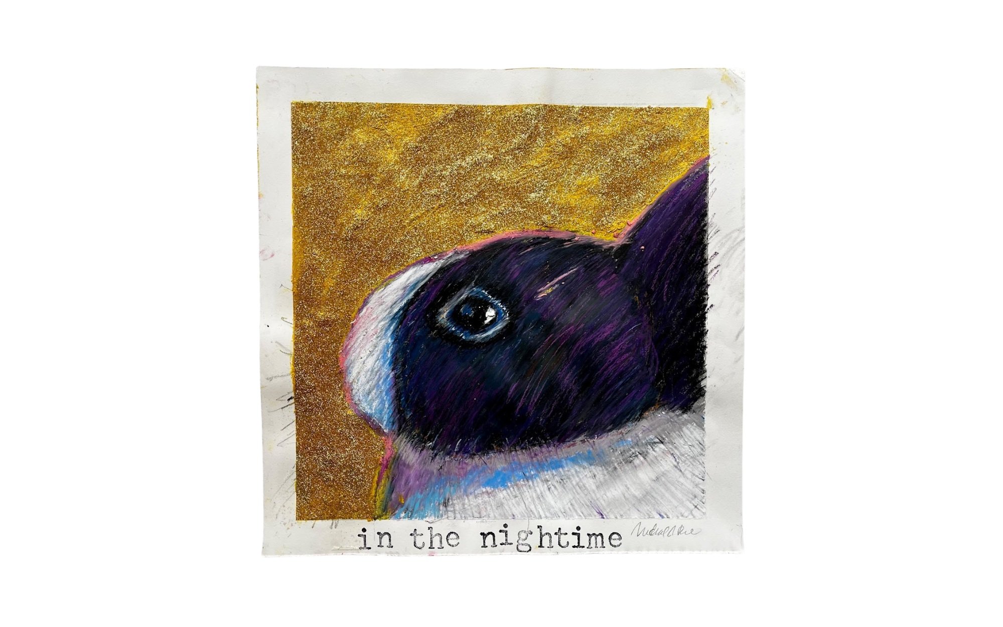   in the nightime.  (2023), watercolor, oil pastels, graphite, glitter, and rubber stamping on paper, framed 19 x 19”, NFS (on loan from collector) 
