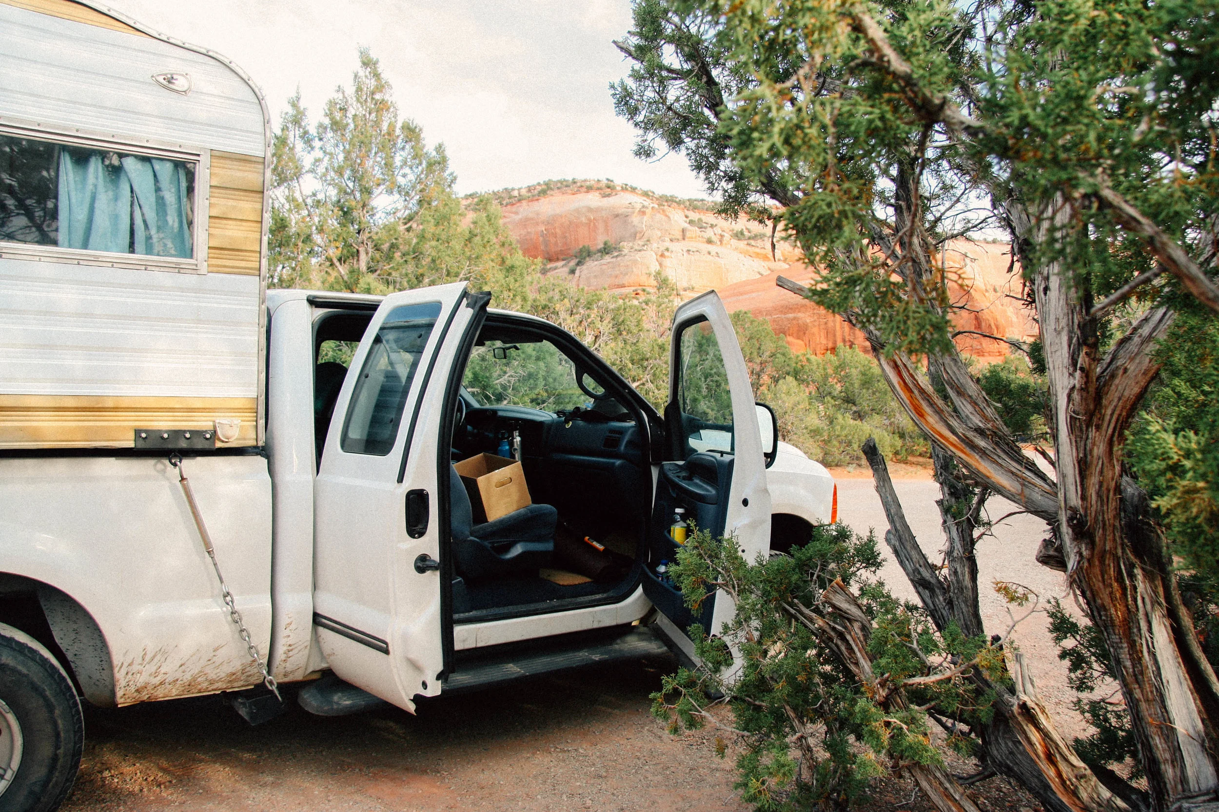 The camper truck/home camped by Utah Juniper, Juniperus osteosperma ( Cupressaceae) and Two-needled Pinon Pine, Pinus edulis (Pinaceae) near Canyonlands National Part, Utah.