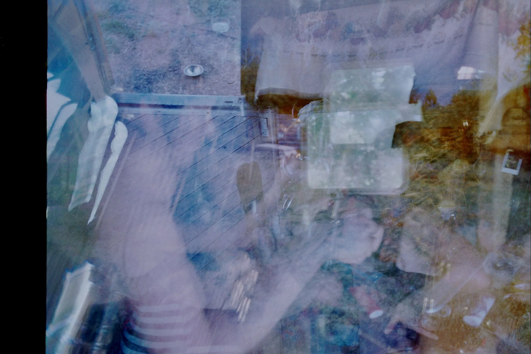 triple exposure photograph in Amy and Jasper’s box truck home on wheels. Taken on a Pentax k2 film camera / summer 2018. outside of Eugene, Oregon.