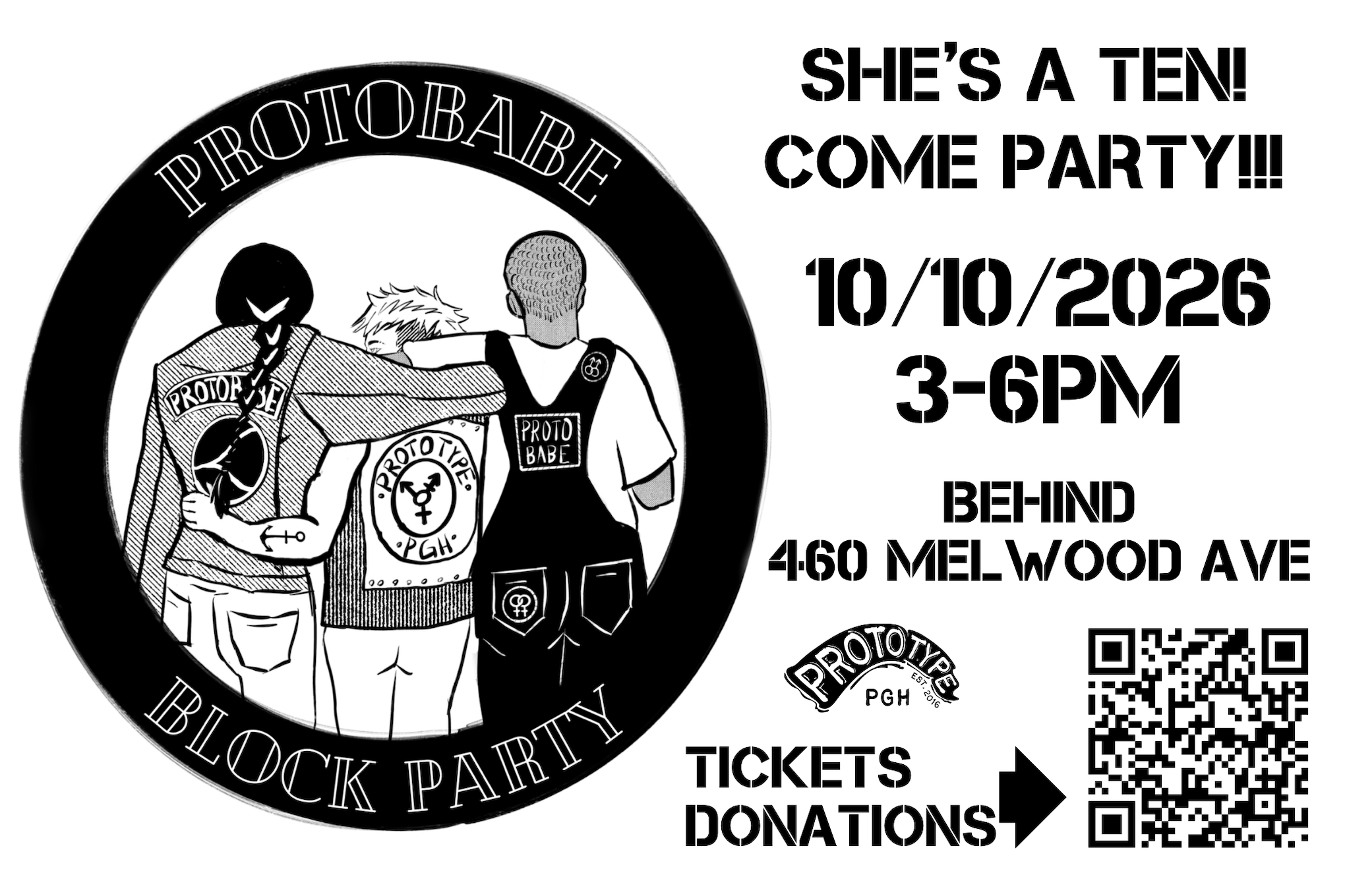 Protobabe Block Party, Saturday October 10, 2026, 3 to 6 PM, behind 460 Melwood Ave. Get tickets or donate on Givebutter.