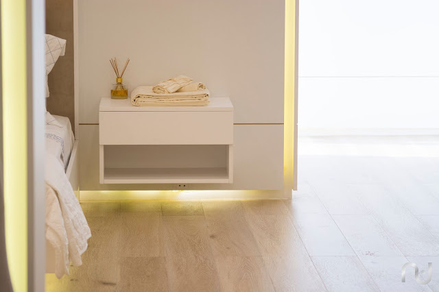 Detail shot of the custom floating bedside table.