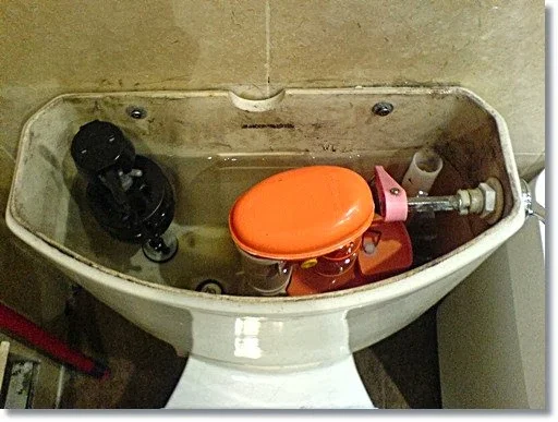 The left is the fill valve and the right is the flush valve linked to the external handle.