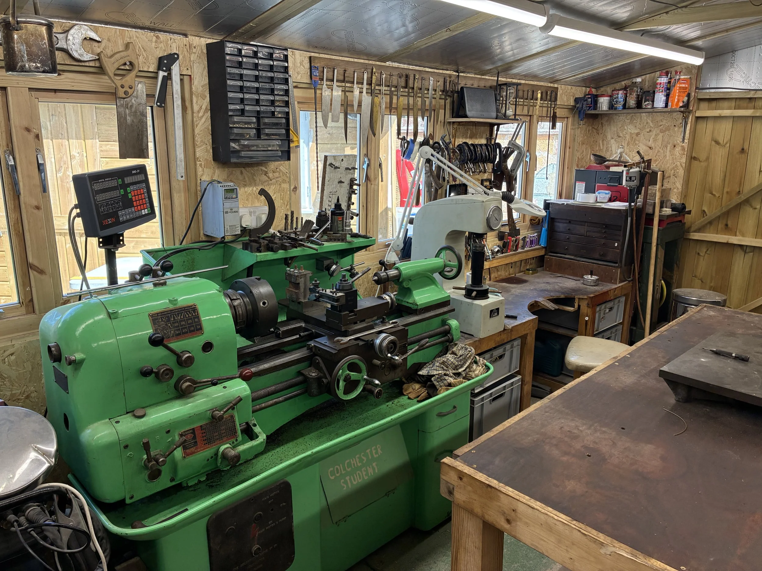 Knife Maker's tools, workbench and old Colchester Student lathe.